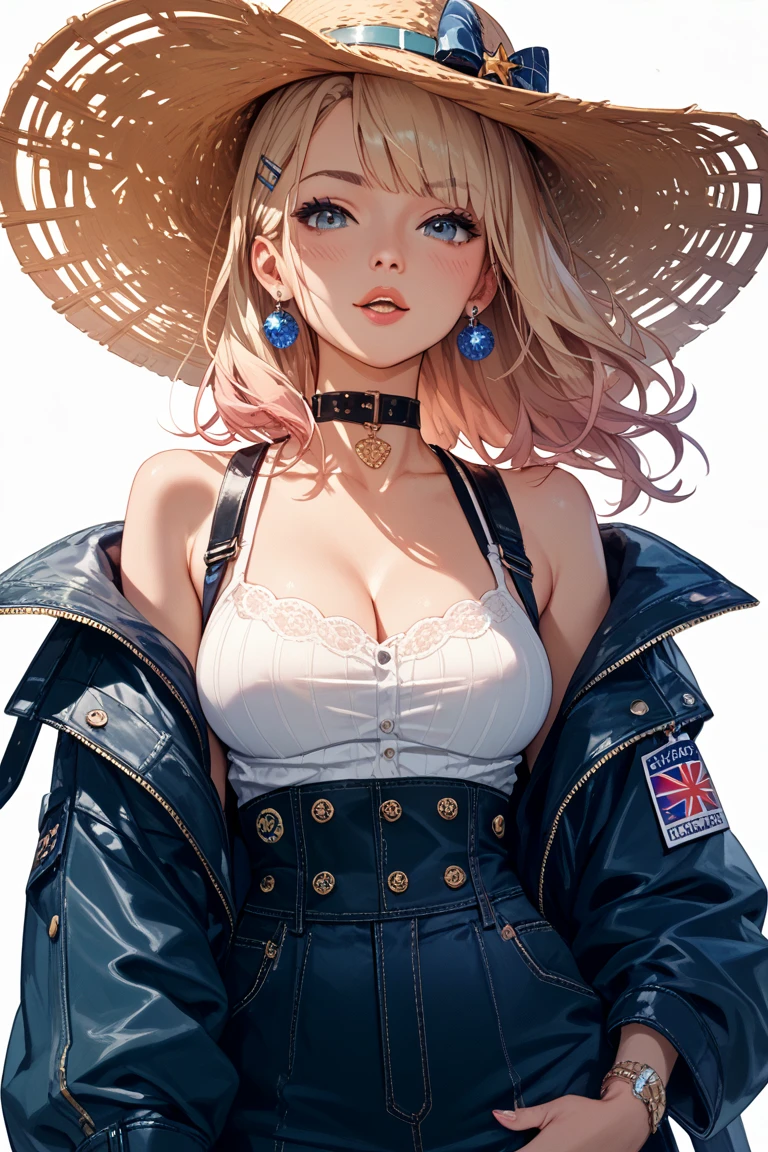 Original Character, Volumetric Lighting, Best Shadows, Shallow Depth of Field, Portrait Of Stunningly Beautiful Girl, Petite, Delicate Beautiful Attractive Face With Alluring Yellow Eyes, Messy Painted Face, Sharp Eyebrows, Broadly Smiling, Open Mouth, Fangs Out, Lovely Medium Breasts, Layered Long Twintail Blond Hair, Blush Eyeshadow, Thick Eyelashes, Applejack Hat, Oversized Pop Jacket, Mini Underboob Tee, Open Navel, Slim Waist, Denim Jeans Pants, With Buckle Belt, In The Graffiti Alley, Waste Container, Outside Stairs, Outdoor Unit, Holding Spray Paint Can, Standing, (Highest Quality, Amazing Details:1.25), (Solo:1.3), Brilliant Colorful Paintings