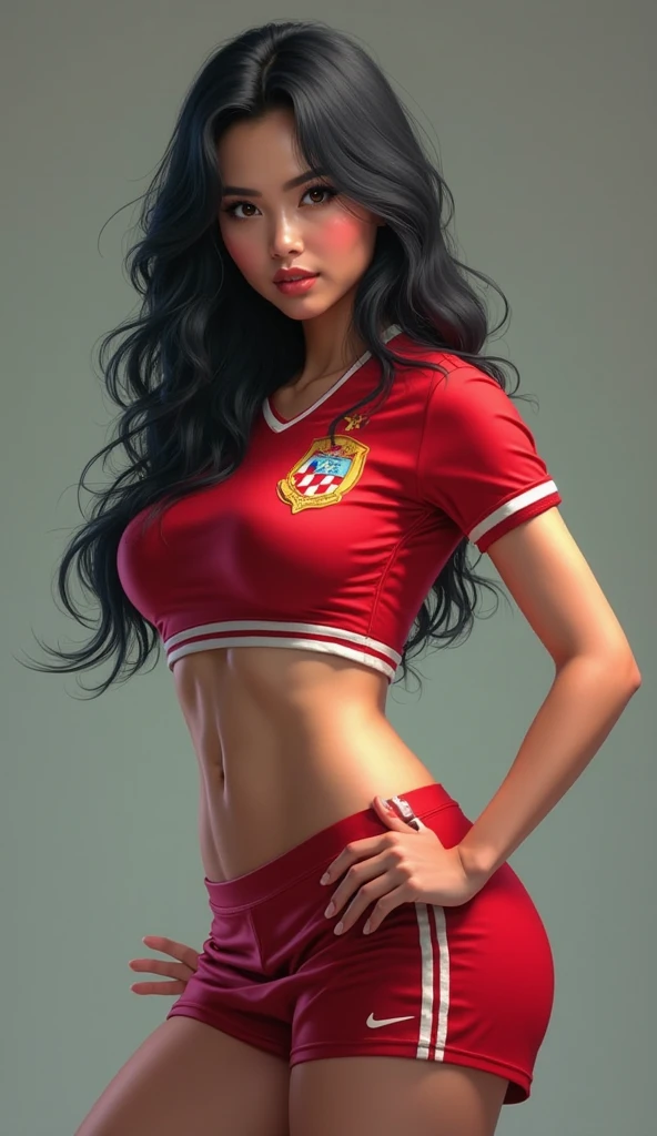 1 woman 30 years old, One, long straight black hair, bang,I look at the viewer, detailed eyes, shy smile,Jewelry, medium breast, earrings,belt, blue leather jacket over a tight red t-shirt,mini skirt,sheer white tights,NECKLACE, bracelet, lips,((Dynamic angle)),