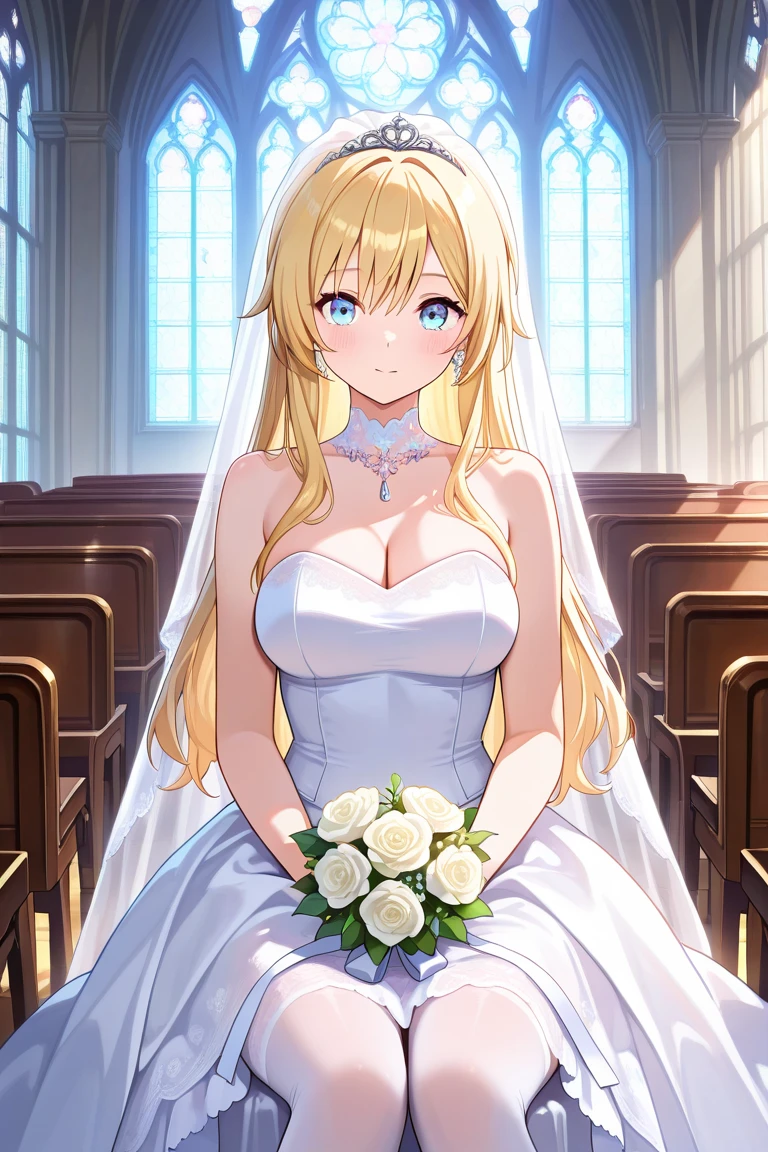 Anime girl with long blonde hair, dark blue eyes, white wedding dress, happy to see viewer, beautiful church setting