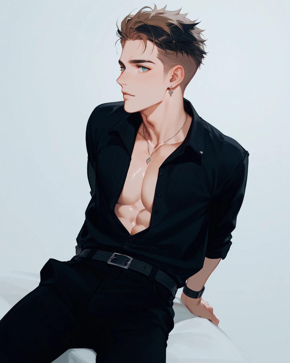 4K, high resolution, Best quality, Masterpiece, perfect colors, perfectly shaded, Perfect lighting, posted on e621, (by Chunie), anthro, ((Portrait)), ((Handsome man)), perfect male figure, short detailed hair,Wear men's shorts,Abs,musculature,chest muscle,Abs,Naked upper body,Detailed face, Perfect face, (The stands up), Detailed background, ((Bonifasko lighting)), (Detailed eyes), perfect pupils,((Silver-gray skin))