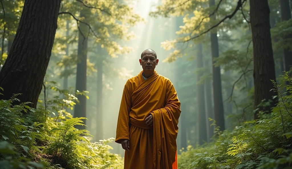 Imagine an old Zen monk, High-ranking monks, 16:9Horizontal, In the forest,.3d, Surrealism, Cinematic lighting, Hyper HD, Super Detail, Textured skin, Hyper HD, Accurate, Textured skin, Attention to detail