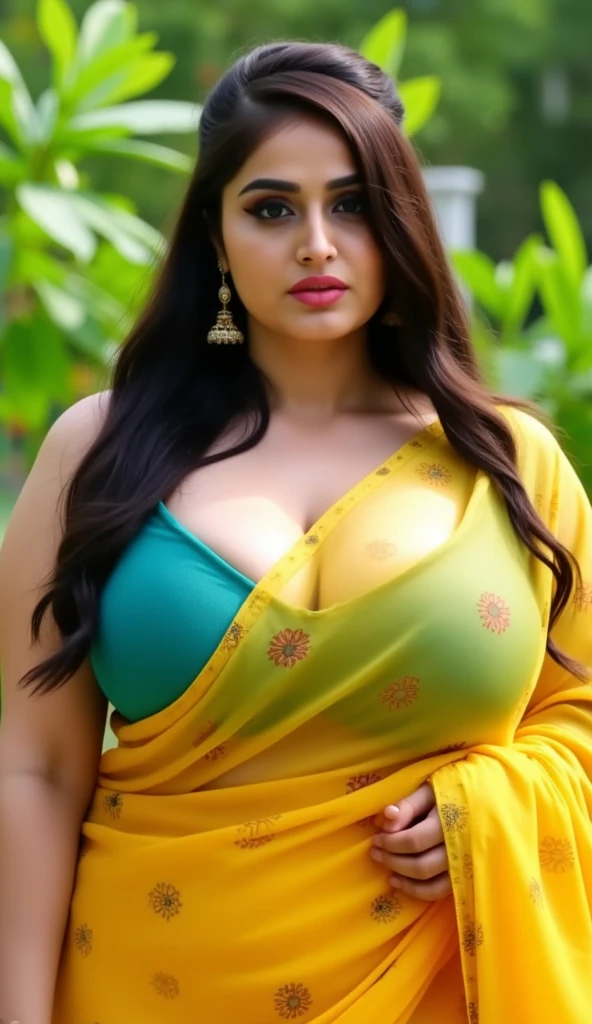 a tall very busty beautiful 1 women 40 year, very toned , realistic, natural light, plus size figure, curvy, big breasts, thick, wearing hot yellow saree ,deep cleavage, soft jiggly breasts, in a park