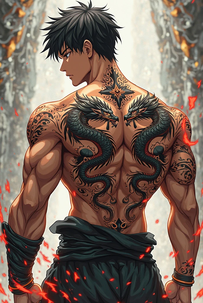 A vicious man turns his back to the viewer and flexes shirtless. He has extensive dragon themed tattoos.