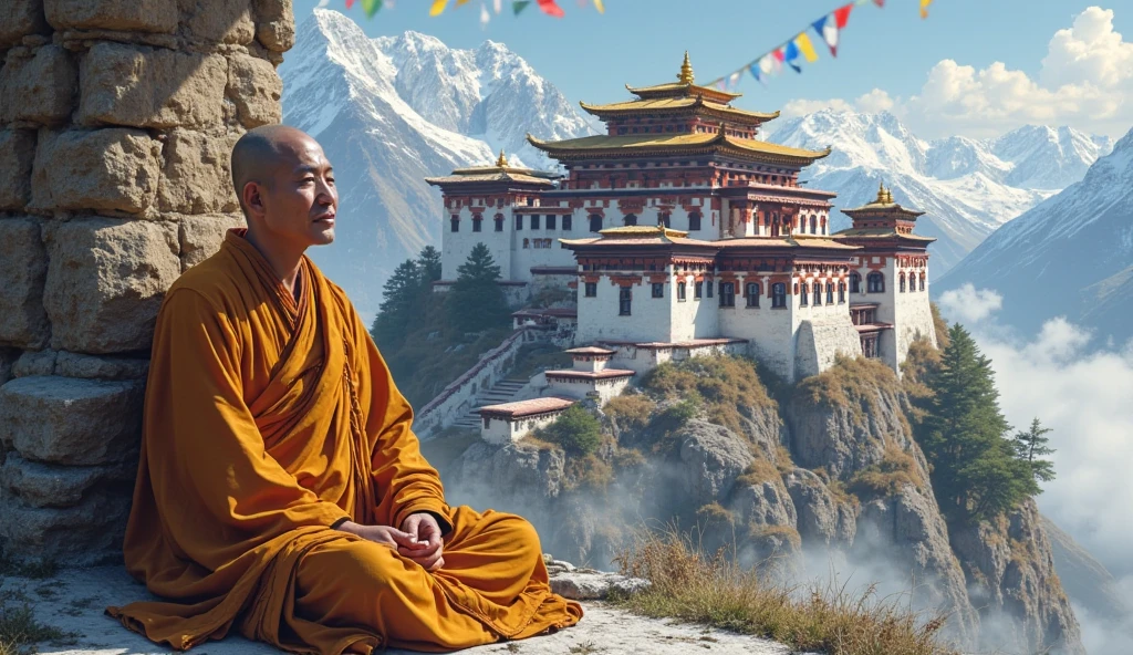 Children monk meditating, temple chinese, ultrarealistic, montains chinese