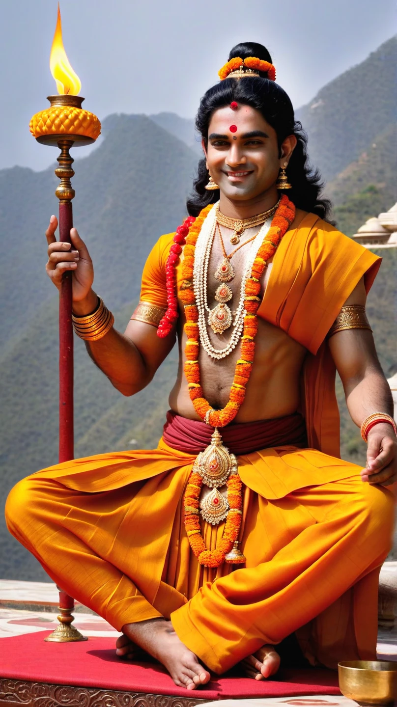 Lord shri ram, a young hindu Indian wearing orange dhoti, long hair, smile on face, having bow and arrow, very realistic and handsome, near the golden fort, muscular body, tilak on forehead, clean shaved,
