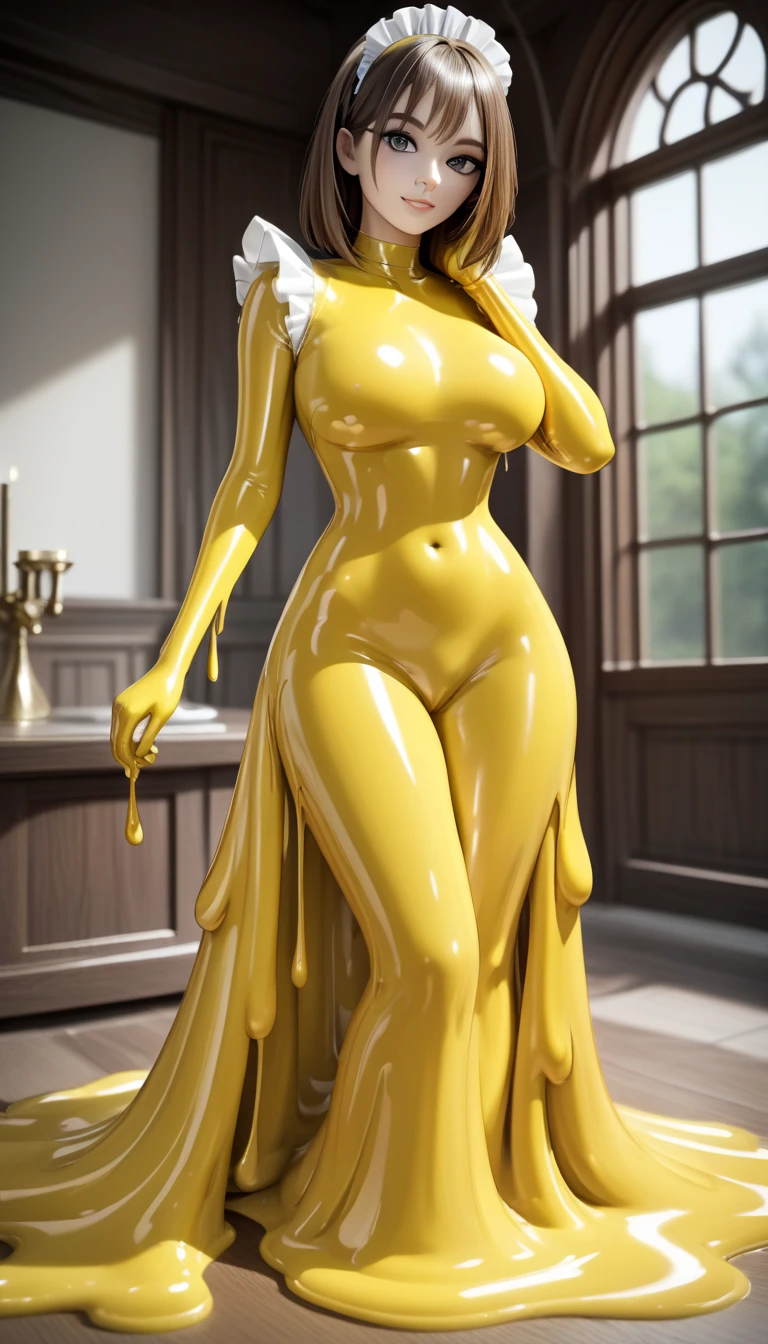 (best quality,highres,masterpiece:1.2),ultra-detailed,realistic:1.37,a beautiful large woman made of slime,feminine,wavy ombre hair(long and lustrous:1.1),glimmering gemstone eyes,plump glossy lips with a subtle sheen,flawless glowing skin,slim waist with elegantly curved hips,shimmering dress clinging tightly to her form,smooth glossy surface of slime reflecting light,covers every inch of a luxurious home,thickevery surface:glistening wallpapers,curved moldings,silky drapes,a gleaming white marble floor:2.5,slime tendrils winding up the banisters,slime gently swirling in the air,luminous chandeliers casting an ethereal glow,spacious rooms filled with a mesmerizing shade of emerald green,overgrown slime plants flourishing in every corner,soft gelatinous footprints leading from room to room,colorful rainbow light scattered throughout,artful slime sculptures adorning the walls,soft ripples forming with every movement of the woman,whisper-quiet atmosphere,near-silent footsteps,an air of mystery and elegance,living art installation,fantastical merging of nature and man-made,otherworldly beauty.