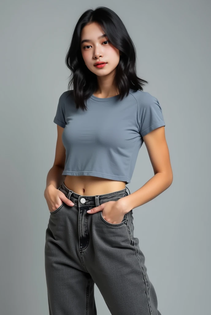 Lena Meyer-Landrut wearing low-cut polo shirt and ripped shorts and lipstick and smiling