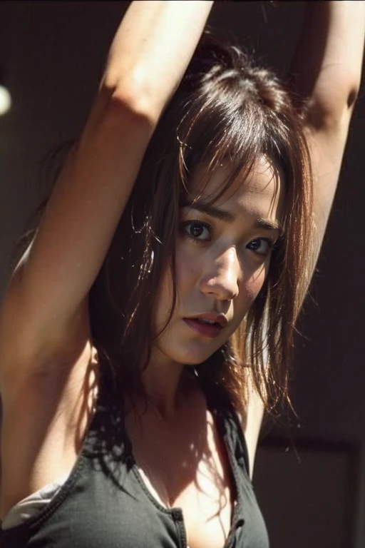 (masterpiece)), ((Highest quality)), (Very detailed), Browsing Caution, ((underground)),(((A rope tied tightly around the waist))),pretty girl, One girl, alone, (White mini tank top dress),(Tie your wrists above your head ), (Both wrists are hanging from the ceiling),((thinウエスト)),Large Breasts, slim, thin, BDSM,Beautiful pink brown hair, Beautiful Blue Eyes, (Beautiful Eyes), Long Hair,Troubled expression、45 years old、Mature Woman