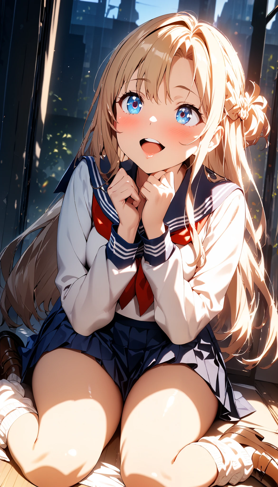 (BEST QUALITY:1.2, 4K, 8k, Animation Studio , very well detailed, Latest, vibrant, High detail, high contrast, masterpiece:1.2, BEST QUALITY, best aesthetics), (((1 girl))), Sit and pose, JK, sailor suit, pleated skirt, Loose Socks, loafers, please open your mouth slightly.:1.2, smile, dynamic angle, looks up:1.3, friendly atmosphere with attention to details, beautiful hair, Shiny Hair, beautiful skin, detailed face and eyes, glossy lips, Curvy Women, Strongly Contrast,