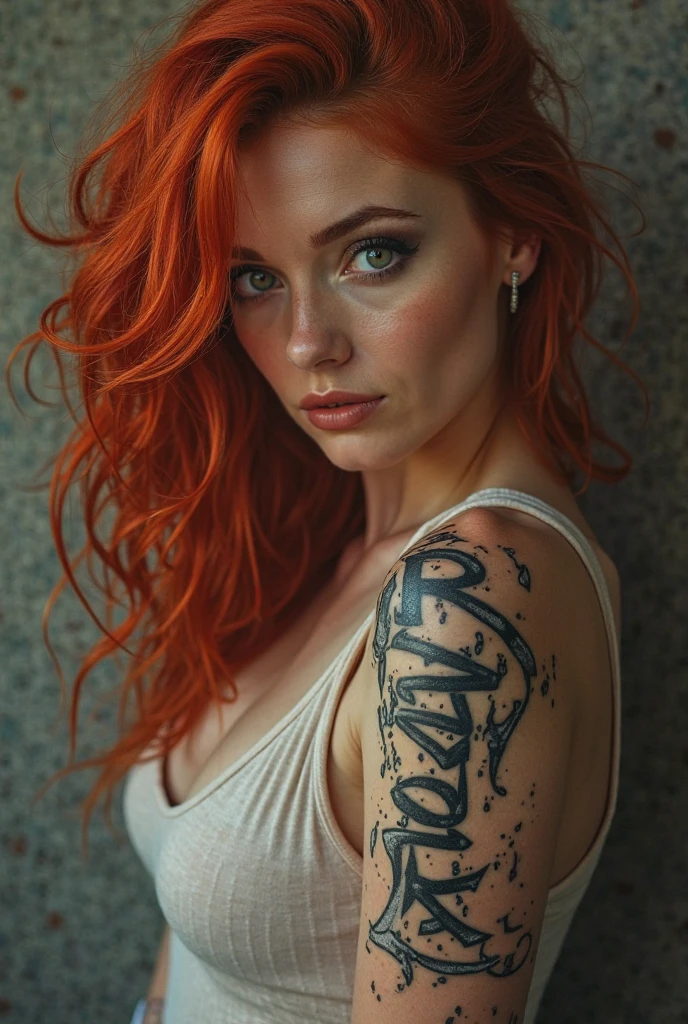 A girl with bright red hair and revealing clothing, The right side has a dolphin tattoo that's blazing