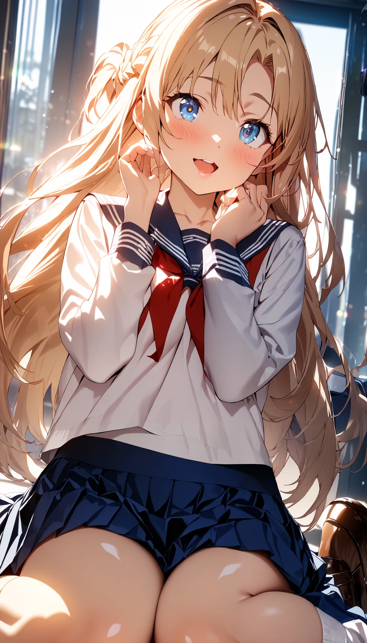 (BEST QUALITY:1.2, 4K, 8k, Animation Studio , very well detailed, Latest, vibrant, High detail, high contrast, masterpiece:1.2, BEST QUALITY, best aesthetics), (((1 girl))), Sit and pose, JK, sailor suit, pleated skirt, Loose Socks, loafers, please open your mouth slightly.:1.2, smile, dynamic angle, looks up:1.3, friendly atmosphere with attention to details, beautiful hair, Shiny Hair, beautiful skin, detailed face and eyes, glossy lips, Curvy Women, Strongly Contrast,