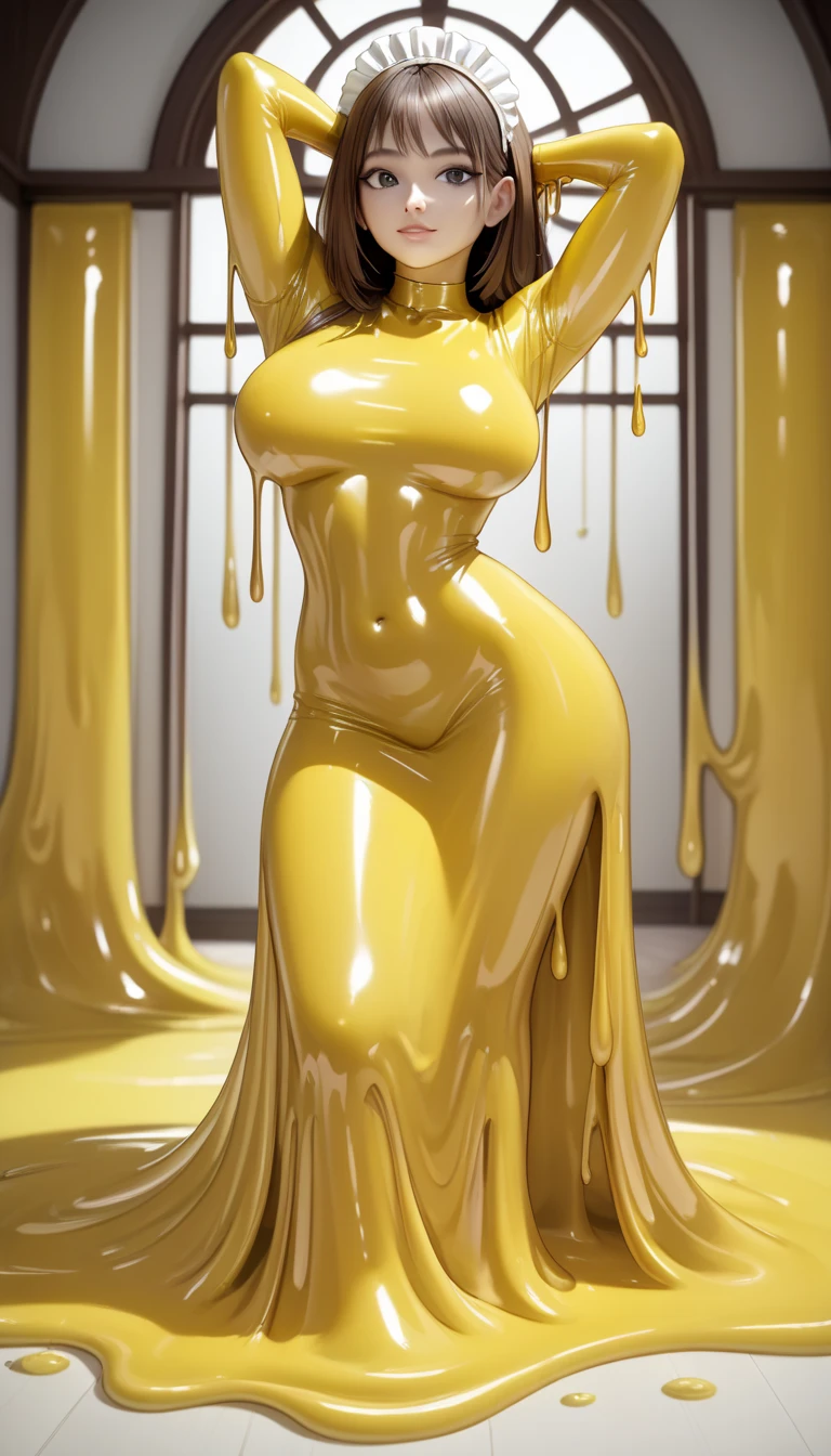 (High resolution,Tabletop:1.2),Super detailed,(Realistic:1.37),Portraiture,Full Body Shot、Buckshot、Slime Girl、Covered in golden slime, (Partially transparent), (Wet), Golden liquid dripping from her body. Her hair is also Covered in golden slime. Golden slime scattered, Golden Hair, blue eyes、Super cute face、Random pose