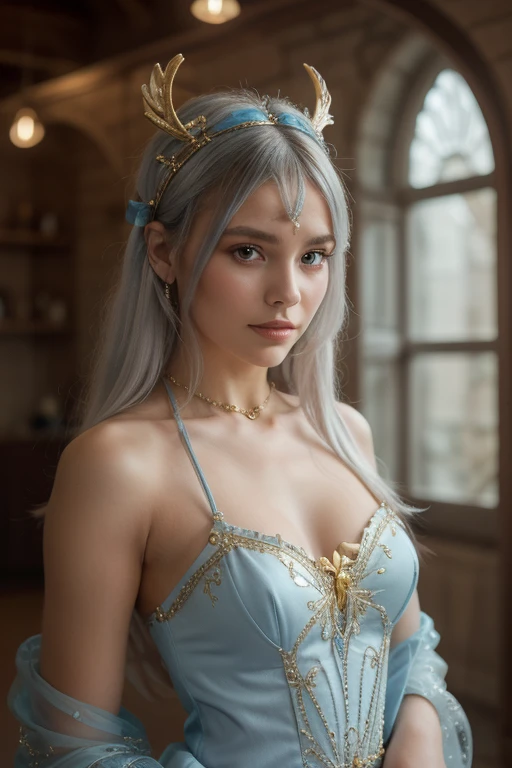 A woman with skin the color of oak wood, Blue eyes, bright like diamonds and short, golden hair that goes down to the neck., wears an Egyptian princess outfit with blue jewelry