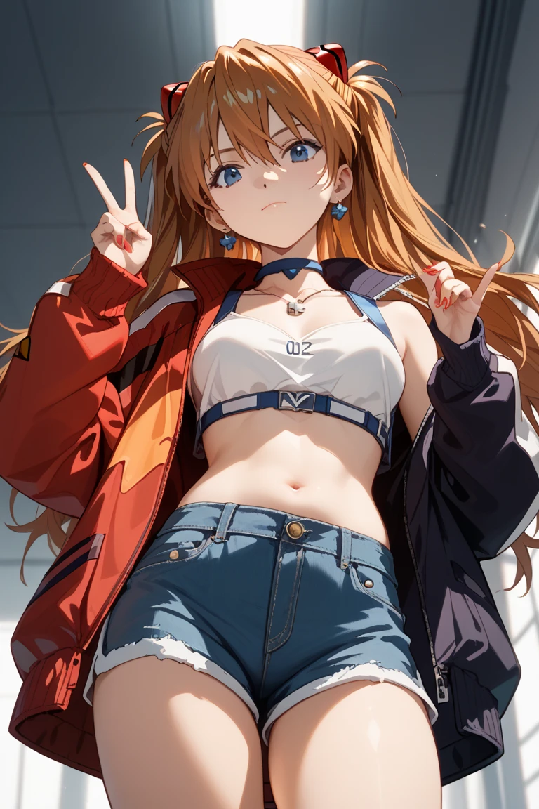 A_SOUL jiaran, blue eyes, orange hair, long hair, bow, hair bow, ahoge, socks, sailor collar, jacket, red bow, brown dress, bangs, hair ornament, neckerchief, brown sailor collar, pink bow, brown skirt, hair between eyes, open clothes, loafers, blush, arm up, open jacket, Volumetric Lighting, Best Shadows, Shallow Depth of Field, Portrait Of Stunningly Beautiful Girl, Petite, Delicate Beautiful Attractive Face With Alluring Blue Eyes, Messy Painted Face, Sharp Eyebrows, Broadly Smiling, Open Mouth, Fangs Out, Lovely Small Breasts, Blush Eyeshadow, Thick Eyelashes, Mini Underboob Tee, Open Navel, Slim Waist, With Buckle Belt, In The Graffiti Alley, Waste Container, Outside Stairs, Outdoor Unit, Holding Spray Paint Can, Standing, (Highest Quality, Amazing Details:1.25), (Solo:1.3), Brilliant Colorful Paintings