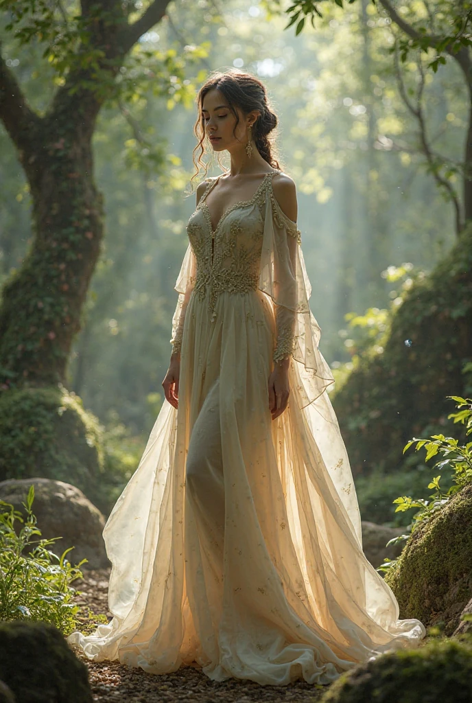 In this captivating image, Rachel, an ethereal beauty with a hauntingly wistful expression, stood alone amidst a lush and enchanting landscape, dressed in a sensual yet sophisticated dress that perfectly blended into the surroundings. The warm sunlight filtered through a clearing in the trees overhead, casting a soft glow over her radiant skin, as a delicate veil of mist, drifting along with the slightest breeze, enveloped her graceful figure and the sensuous garment she wore. Rachel seemed lost in her own reverie, gazing into the distance, connecting to memories of cherished moments or anticipating an enchanting adventure yet to unfold within this breathtaking fairy-tale setting. <lora:iytvhq18fad60d9e9yd3:1>