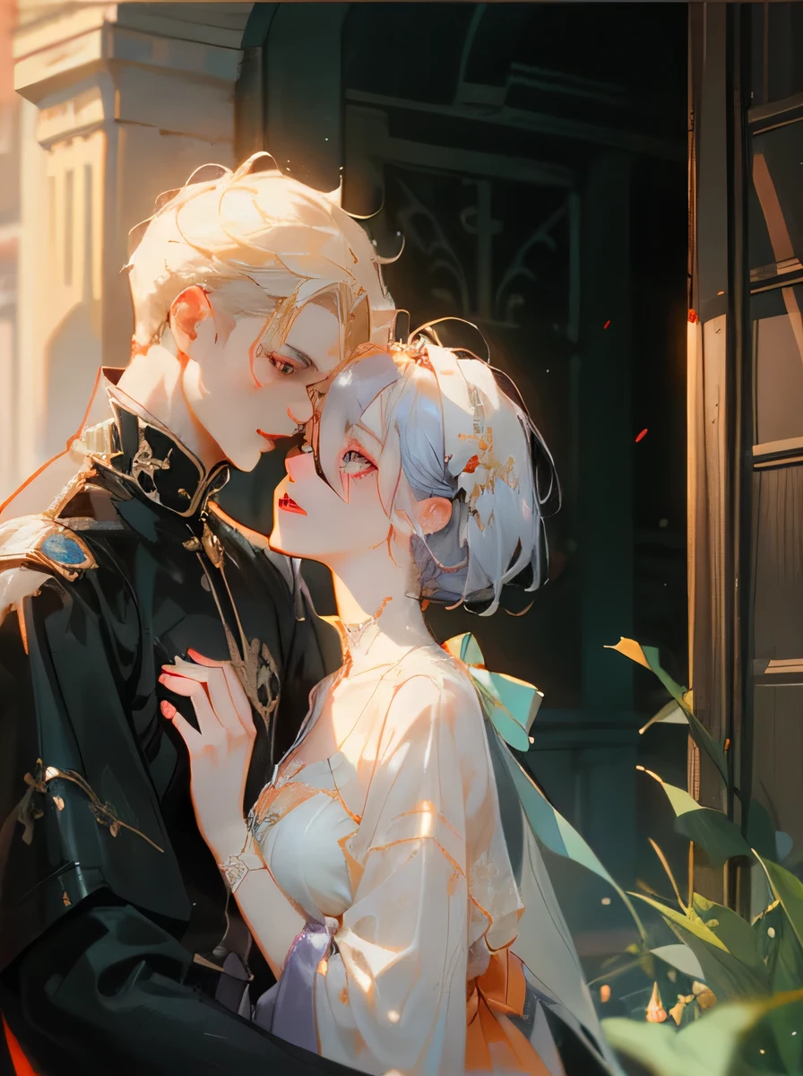 Add a medieval European noble girl, Long orange-white colored hair, purple-colored eyes. Female badass) who kissed a man, gallant knight, wearing a face covering, short-haired black, red eyes.)