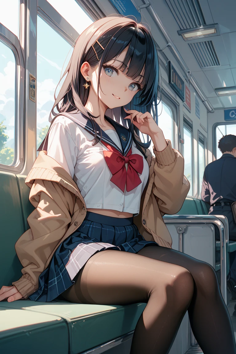 NSFW,4K,Gal:1.3,Anatomically correct,school uniform:1.3,A pure and innocent girl, Very cute face, Like an idol, (masterpiece:1.2), (high quality), panties, loose socks, Hip, Blue Skirt, alone, Blazer Type, loose socks, Lifting clothes, Brown eyes, pure gaze, mini skirt, Lift yourself up, Check skirt, blush,((Mid-chest)), (Sweating profusely), Long Hair, physical education, Beautiful legs, ((in the train))