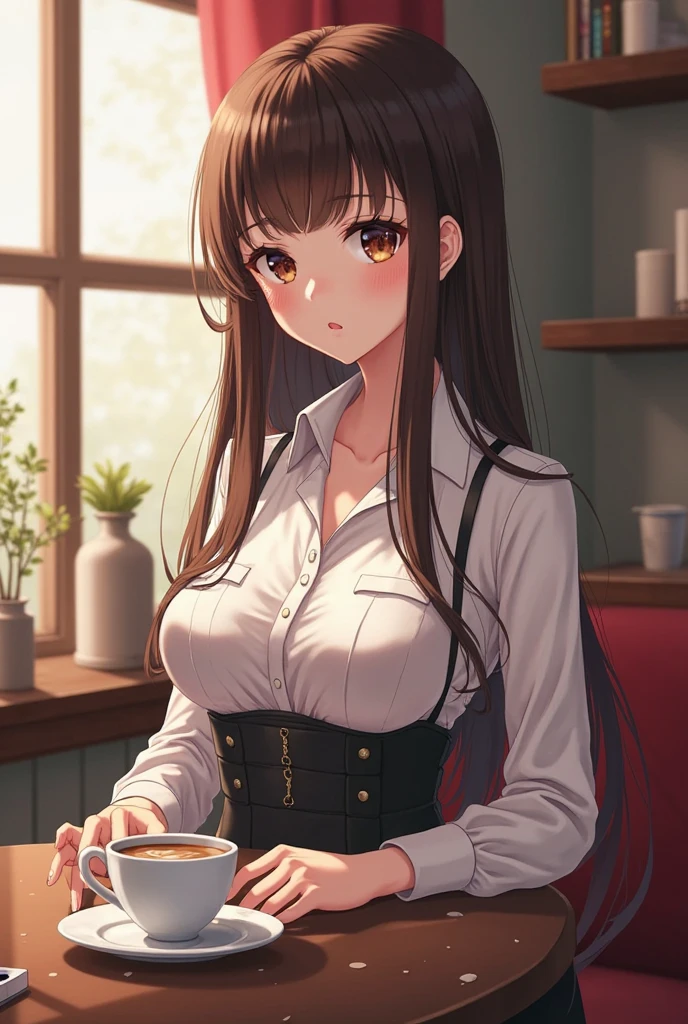 A brown haired man with red eyes is drinking coffee in the office
