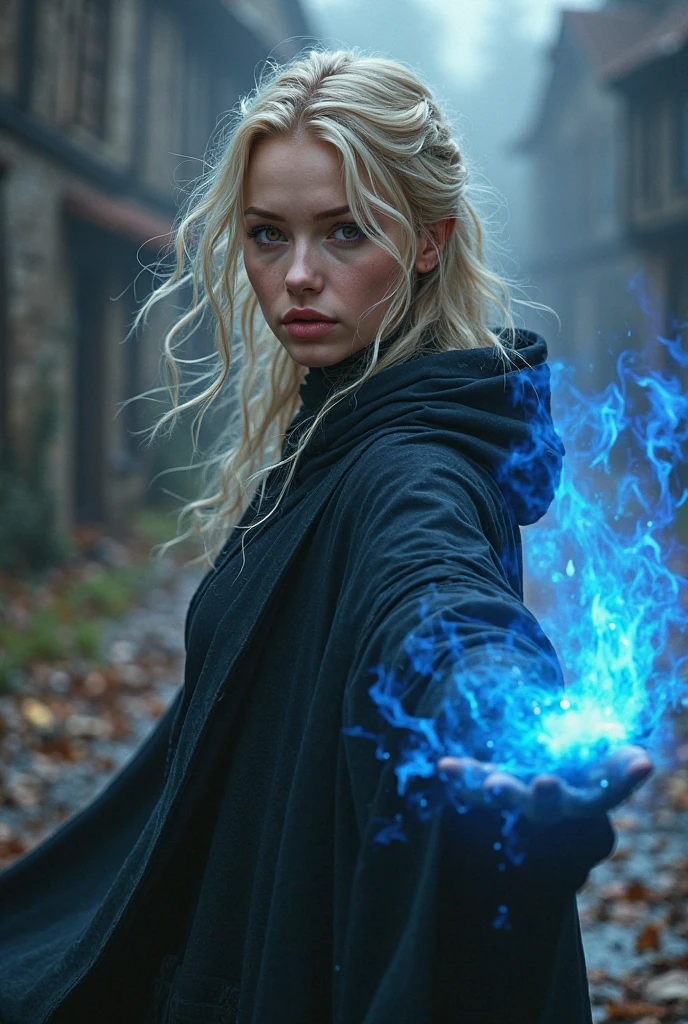 30 year old warrior Arabia girl with short dark blonde hair and golden and luminous eyes, with long luminous blue strings stretching out from her fingers and black dark full armor and looking to the right and stay in dark room