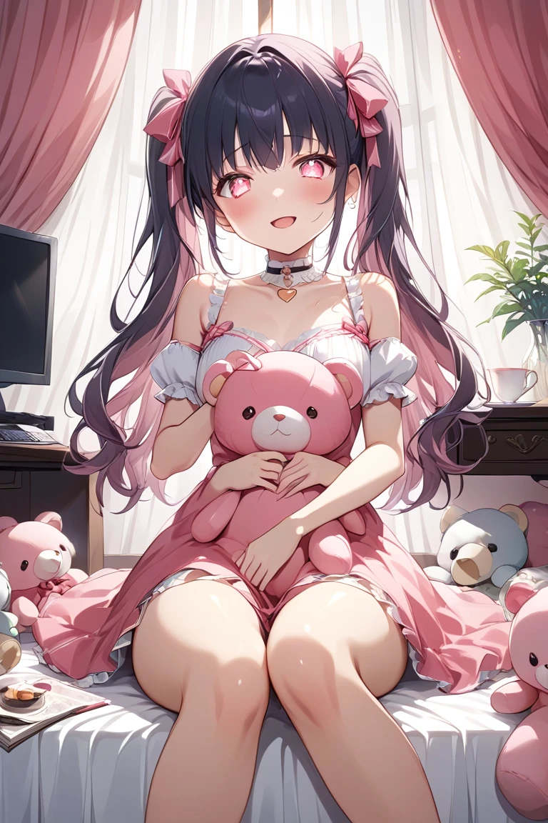 reallistic、Movie Still、Full body photo,A room with a lot of stuffed animals,Girl being kissed by a stuffed animal,girl wearing erotic underwear、Kindergarten girl showing off her beautiful vagina ,mall、(a closeup:1.1)、with light glowing、With smiling eyes、A delightful、Warm and soft lighting、Evening glow,blush