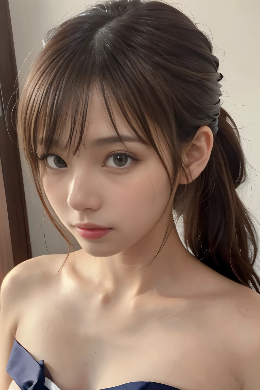 highest quality, Realistic, 8K, High resolution, 1 Girl, woman, (Skin dents), (Portraiture:0.6), nice, ((White Background, Completely naked, Small breasts:1.65)), (Brown hair in a ponytail, Parted bangs:1.4), Watching the audience, (1 Girl eyes Watching the audience:1.6), Realistic, (Bokeh), (Closed Mouth, smile:1.3), nice, Purelos Face_V1:1,