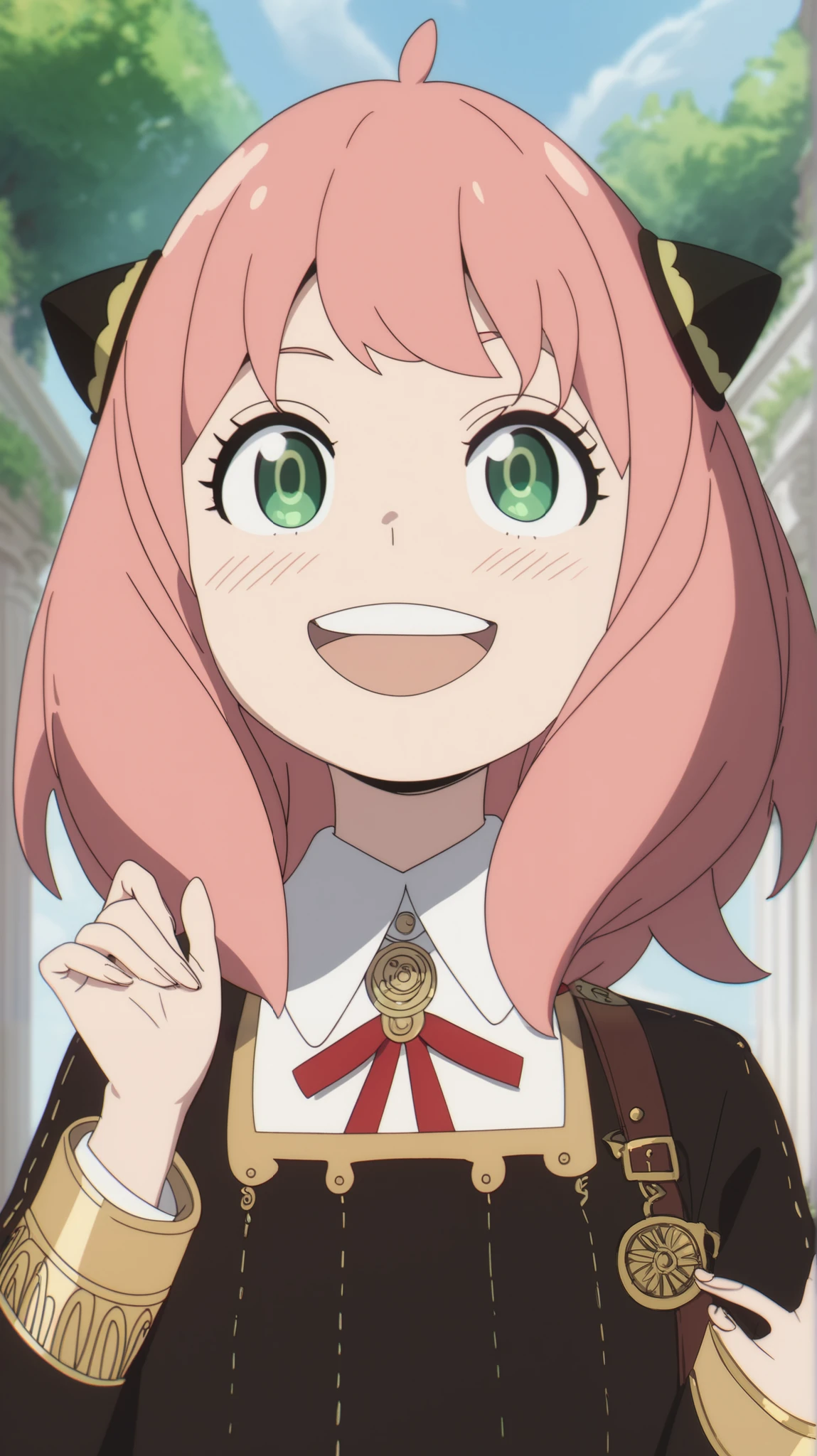  ４k,Anya Forger,1 girl,Alone, dress,Hair Pod,gold trim, red ribbon,smile,black  dress,school uniform,collar shirt,eden academy school uniform,watching viewers,stupid hair,Memes,open your mouth,smile BREAk medmansion,  Scenery, NOT HUMAN, upper body,
