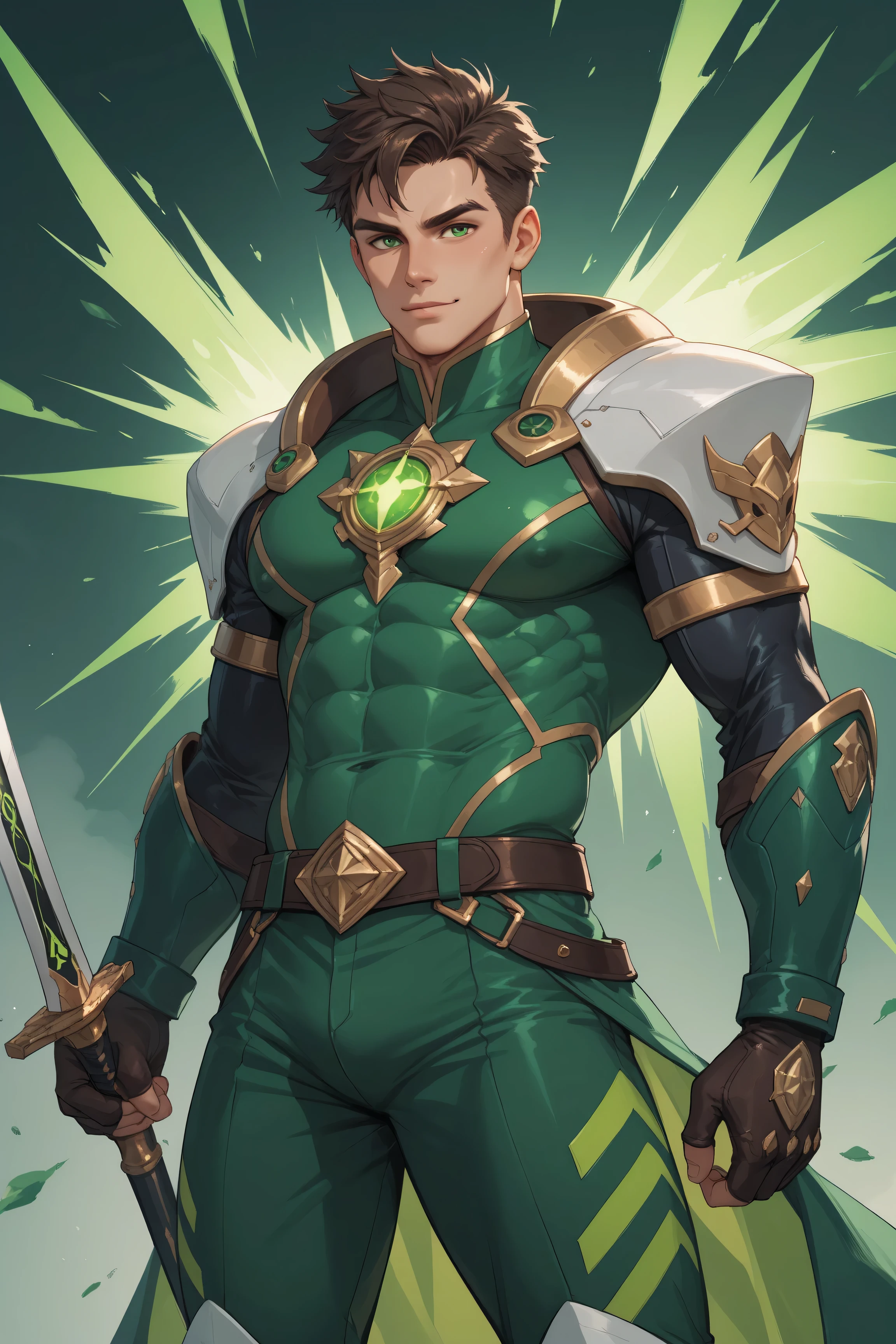 A man in green and gold armor holding a sword - SeaArt AI