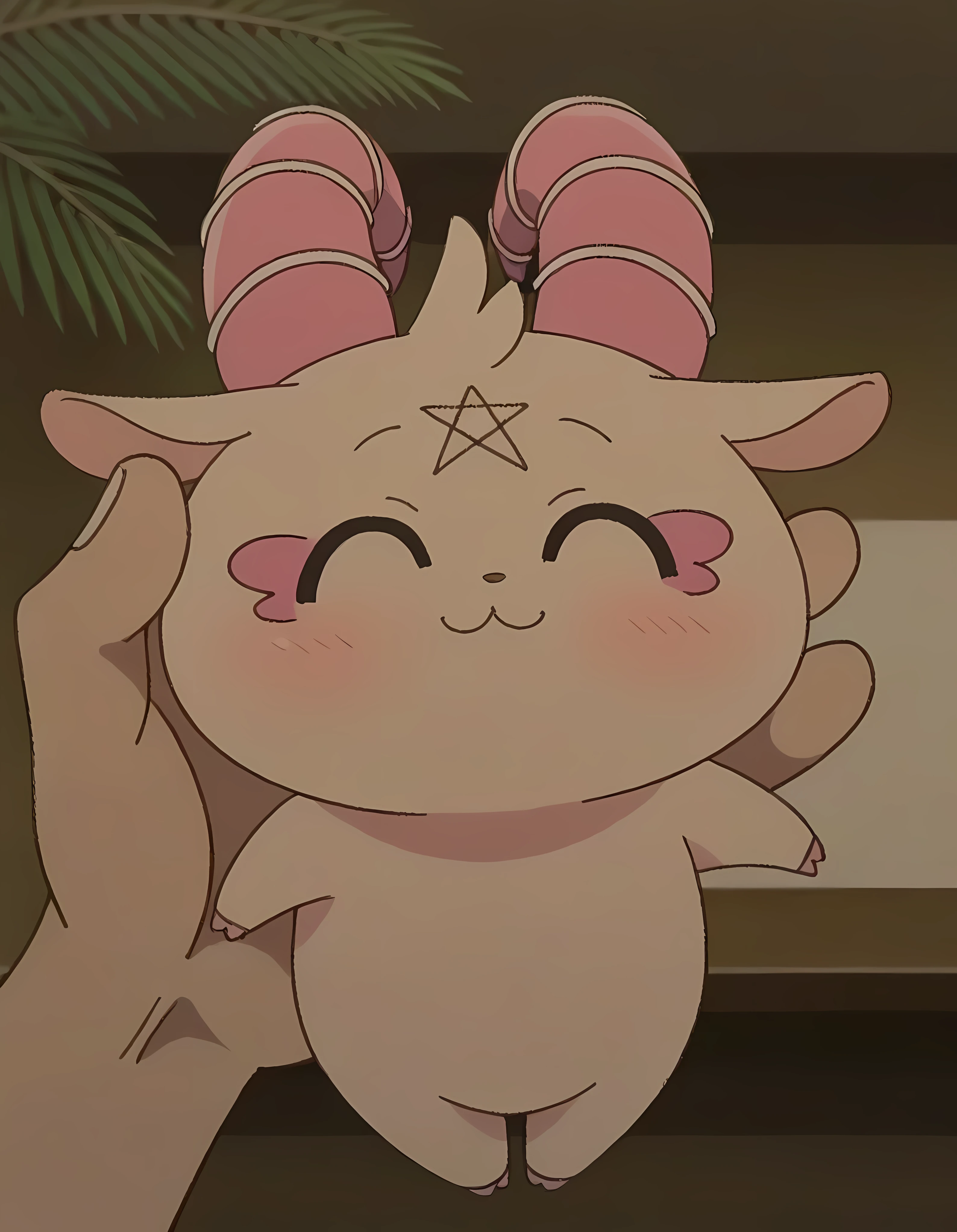 [Theme - Palm 🫳] [Daily Challenge] [Model Test*] - masterpiece, best quality, giant_hand, solo, GrimV25, chibi, small, curved horn, pentagram on forehead, large pupil, (funny moments), (Giant_palm squishing GrimV25 from the top, heavy), 