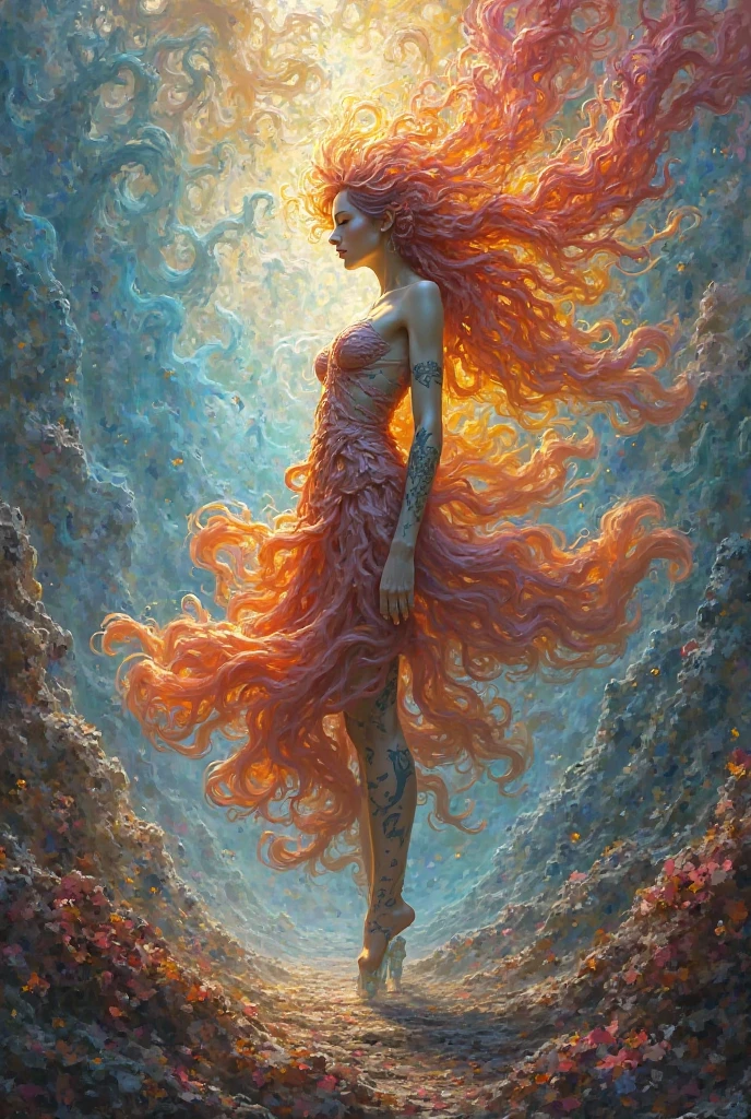 stacked papercut art of in the depths of a mysterious blue abyss, a woman with striking red tattoos sprawls across a floating cloud. she is adorned in a vibrant red and gold dress that contrasts against her black and white tattoos. her long blonde hair cascades down her back as she reclines on the cloud, seemingly lost in thought. beside her, an old, worn chest lies closed, its secrets locked away for eternity. the chest bears an inscription that reads: "once bound, now free." this phrase seems to capture the essence of this enigmatic scene a symbol of both constraint and liberation. a face, partially hidden behind a veil, appears in the background. it watches the woman with curiosity and fascination. its presence adds an element of intrigue, hinting at deeper stories and hidden meanings within this captivating tableau. the entire scene is shrouded in a hazy mist, giving it an ethereal quality that enhances its allure. despite the confinement of the cloud, the woman radiates an aura of freedom and strength, as if she has overcome whatever once bound her. the scene is a testament to resilience and the human spirit's capacity to transcend limitations. . 3d, layered, dimensional, depth, precision cut, stacked layers, papercut, high contrast