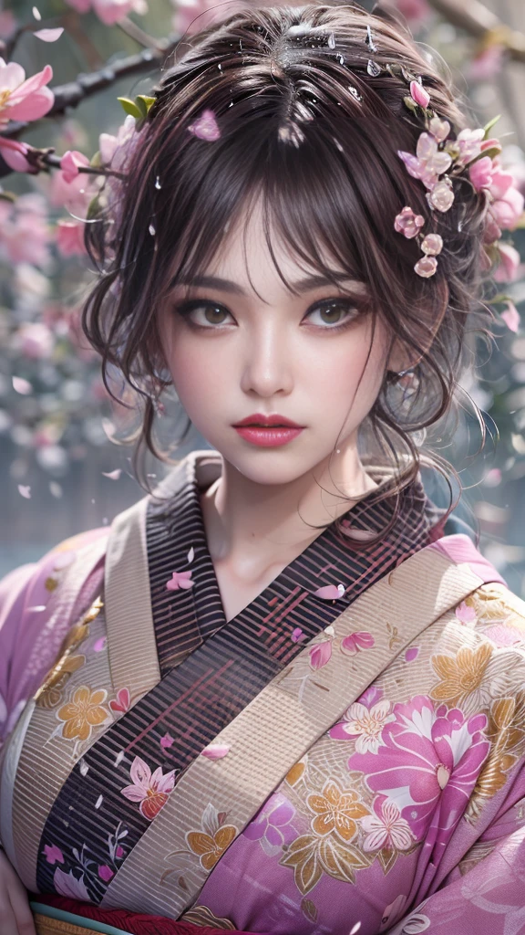 ((Best Quality)), ((Masterpiece)), (Detail: 1.4), 3D, Beautiful Cyberpunk Female Image, HDR (High Dynamic Range), Ray Tracing, NVIDIA RTX, Super Resolution, Unreal 5, Subsurface Scattering, PBR Texture, Post-Processing, Anisotropic Filtering, Depth of Field, Maximum Sharpness and Sharpness, Multi-layer Texture, Albedo and Highlight Mapping, Surface Coloring, Mitsu-Accurate Simulation of Material Interactions, Perfect Proportions, Octane Rendering, Two-color Light, Large Aperture, Low ISO, white balance, regular three-point, 8K RAW, beautiful bright pupils, flowing robe, fine pupils, delicate face and eyes, long eyelashes, blush, fluffy hair, pink lips, pure, cute, cherry blossom petals falling, butterfly