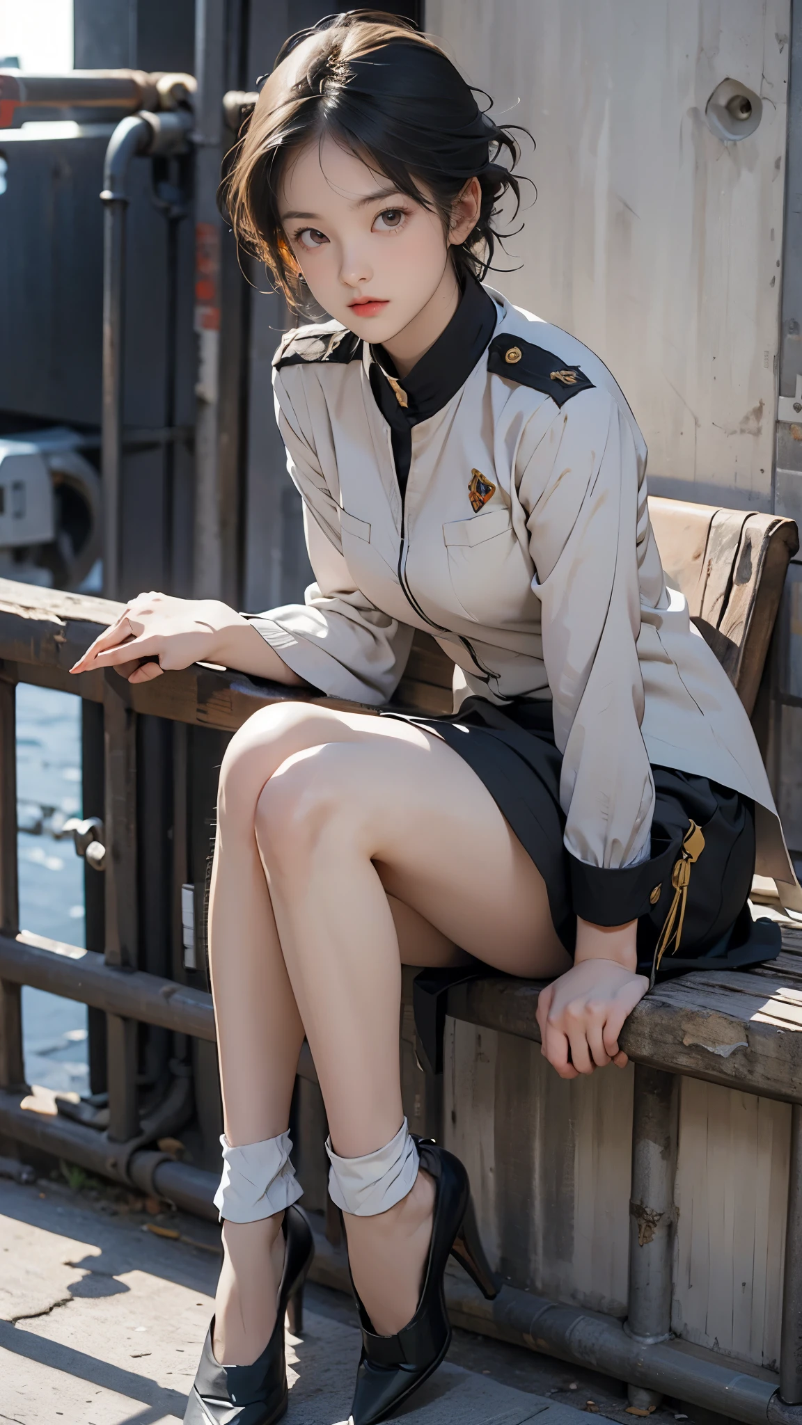 Usually detailed CG Unity 8K wallpaper，（tmasterpiece），（Best quality at best），（ultra - detailed），（ultra real photo），（best character detail：1.36），Nikon D750F / 1.4 55mm，RAW photos，profesional lighting， physically-based renderingt, 1 plump girl, girl soldier，(Dark green military uniform，Business suit，Fabric texture military uniform, perfect military composure)，(black necktie)，((white panty,))，bare-legged，Plump thighs,(military hat)，((Large wavy curls,curly hair, hair behind ear, (bob cut)):1.2)，the golden ratio,[:(Have a delicate face:1.2):0.2]:，PureErosFace_V1，Dark thick eyebrows,(gigantic breasts:1.55),(gigantic ass),(Plump thighs:1.45),(Wide crotch:1.55),((Place your finger to your breast):1.4)，Close-up shot，((Smile full of confidence， shy):1.35)，(((Close-up of panties),(Close-up of chest,closeup of face),Front view))，(Sunset sky，gentlesunlight，sunshine on face，(light shining on face)，blue-sky，Sunny smile，light glow)，white teeth，(looking at me)，(((thicc, bbwchan, thick thight, Wide hips, Buttocks swell crazily,🐎🍑,(Spread your legs widely:1.2),attractive pose,sexy pose,there  a woman in uniform sitting on a platform with her legs crossed, bare thighs, bare legs, seductive smile, film grain, cinematic lighting) )，azur lane style),spread legs,((Red flags fluttering)),black eyes，glowing skin，snow white skin，(Very close shot),(strong woman),