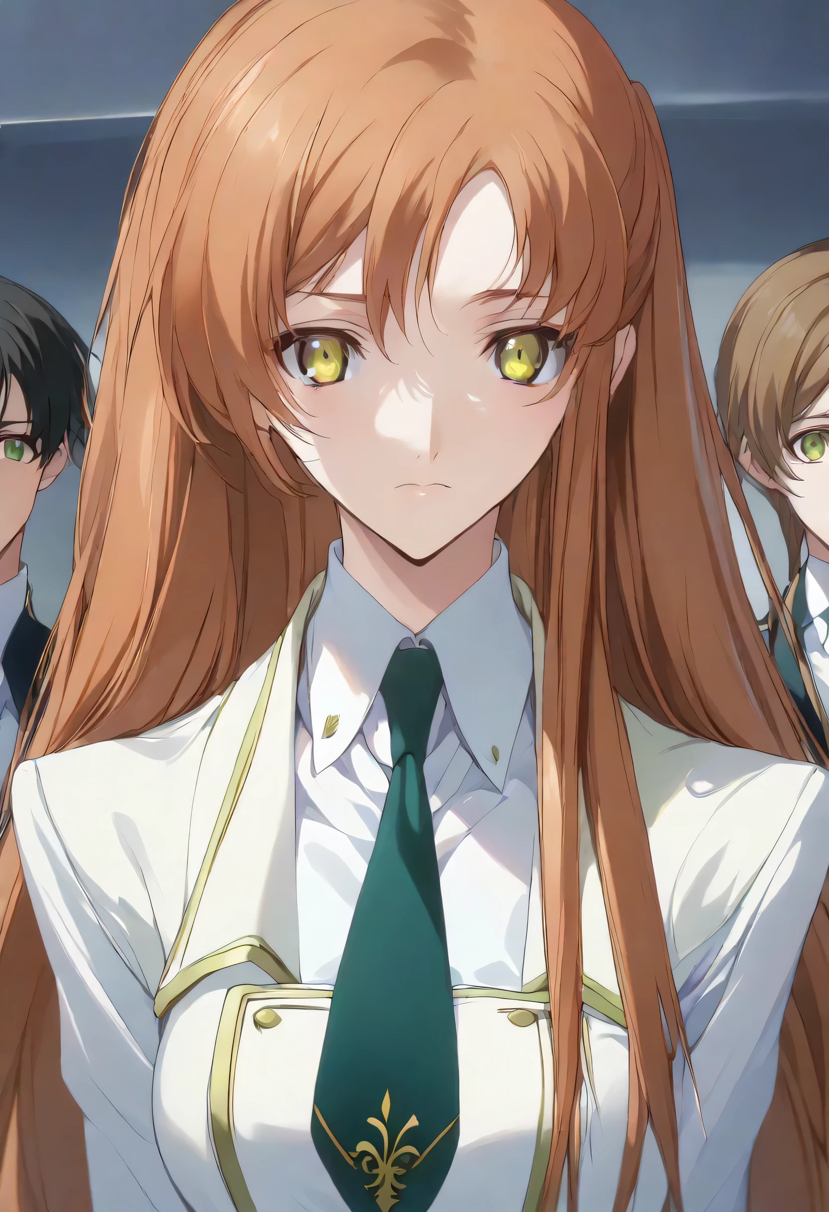 shirley fenette, orange hair, green eyes, long hair,
school uniform, ashford academy school uniform, necktie,