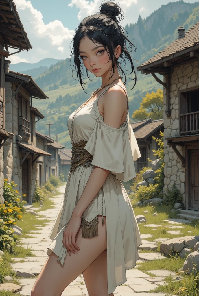 Best image quality, threaten, Settlement, Holding a spear, Parent and , primitive, Primary forest, In underwear, ""Primitive clothing"", woman, Black Hair, Tying up hair, paint