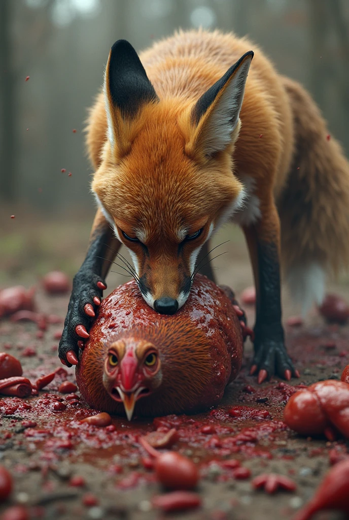 A unique perspective from inside the prey, capturing a Golden Eagle feeding on a Red Fox. The image is framed by the fox's fur and blood-stained surroundings, with the powerful bird of prey tearing into the flesh with its sharp beak and claws. The eagle's golden feathers are highlighted against the rich red tones of the fox's fur, and the intense focus in the eagle's eyes adds a dramatic tension to the scene. This scene was the winning entry in the 'Bird' category at the 2017 Nordic Nature Photography Competition (NNPC).
