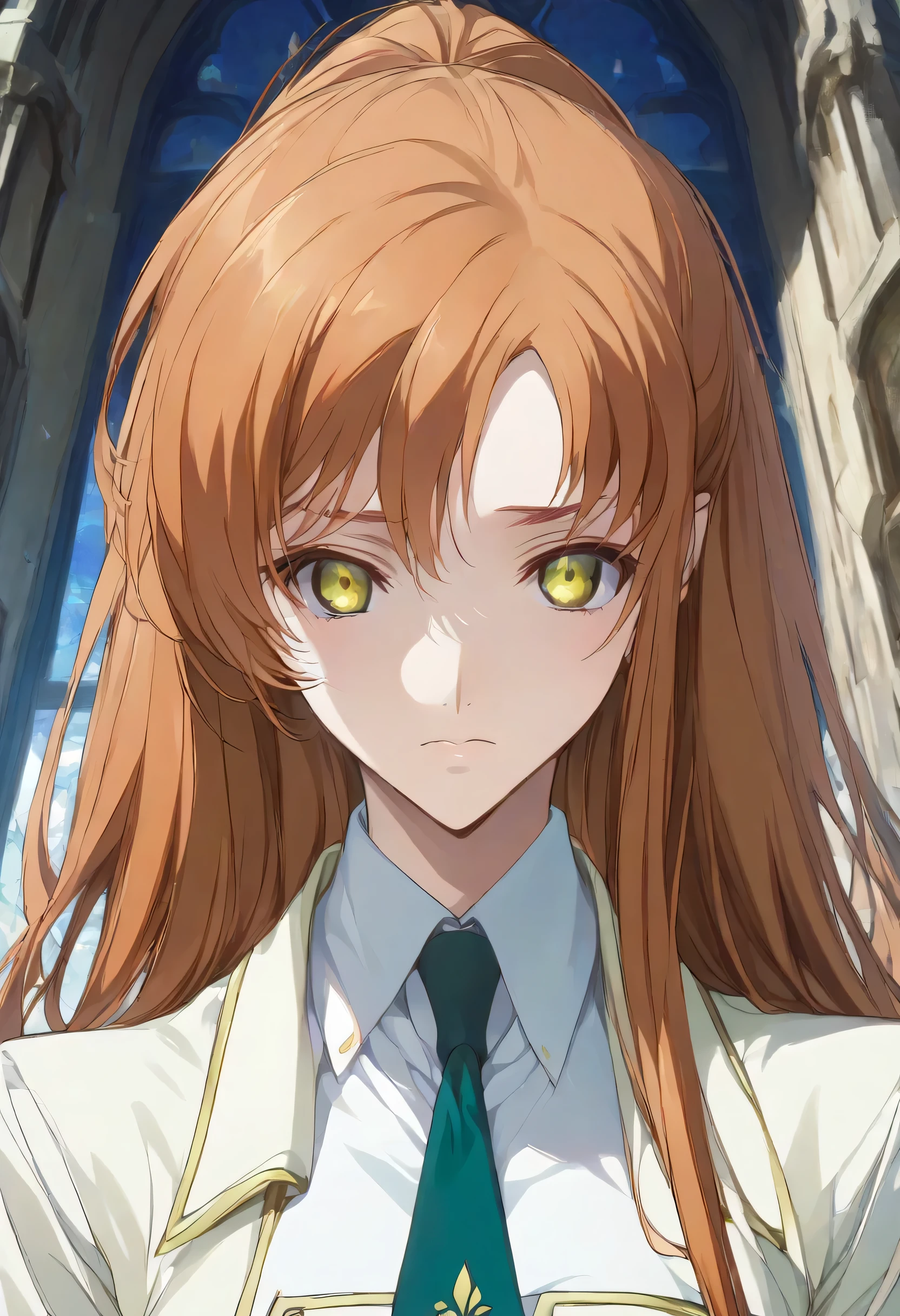 Shirley Fenette, orange hair, green eyes, long hair, school uniform, ashford academy school uniform, necktie,((round face)),