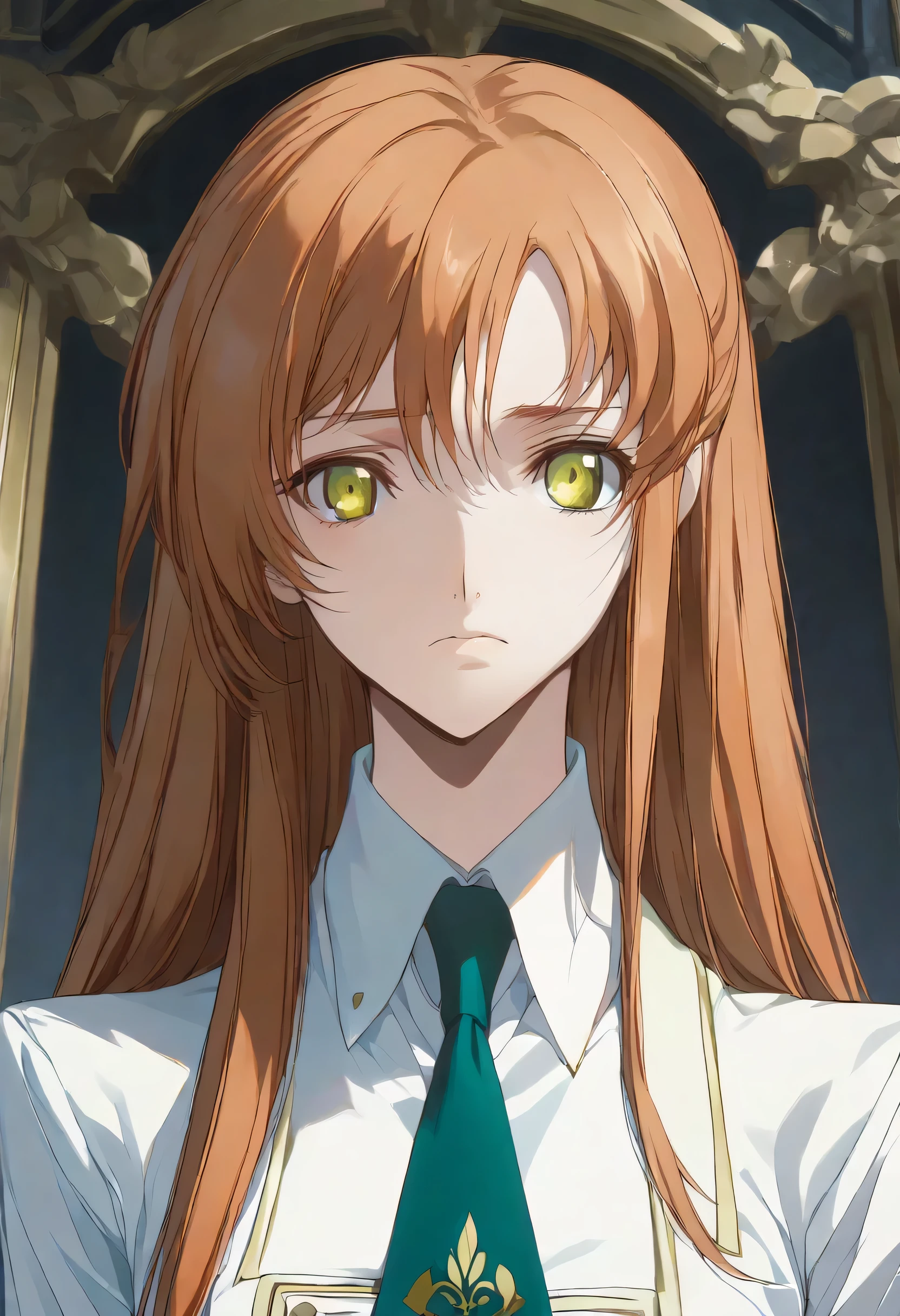 Shirley Fenette, orange hair, green eyes, long hair, school uniform, ashford academy school uniform, necktie,((round face)),Alone,