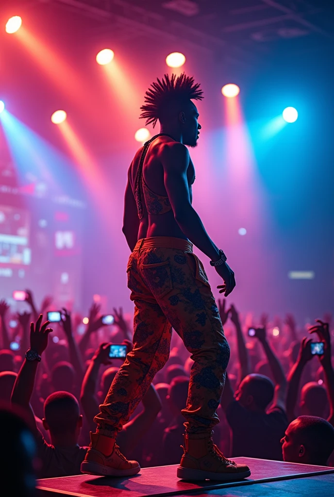 Character: Black Rapper, Teen, Skinny, Man Rapping To Crowd, Shirtless, Hair, Braid