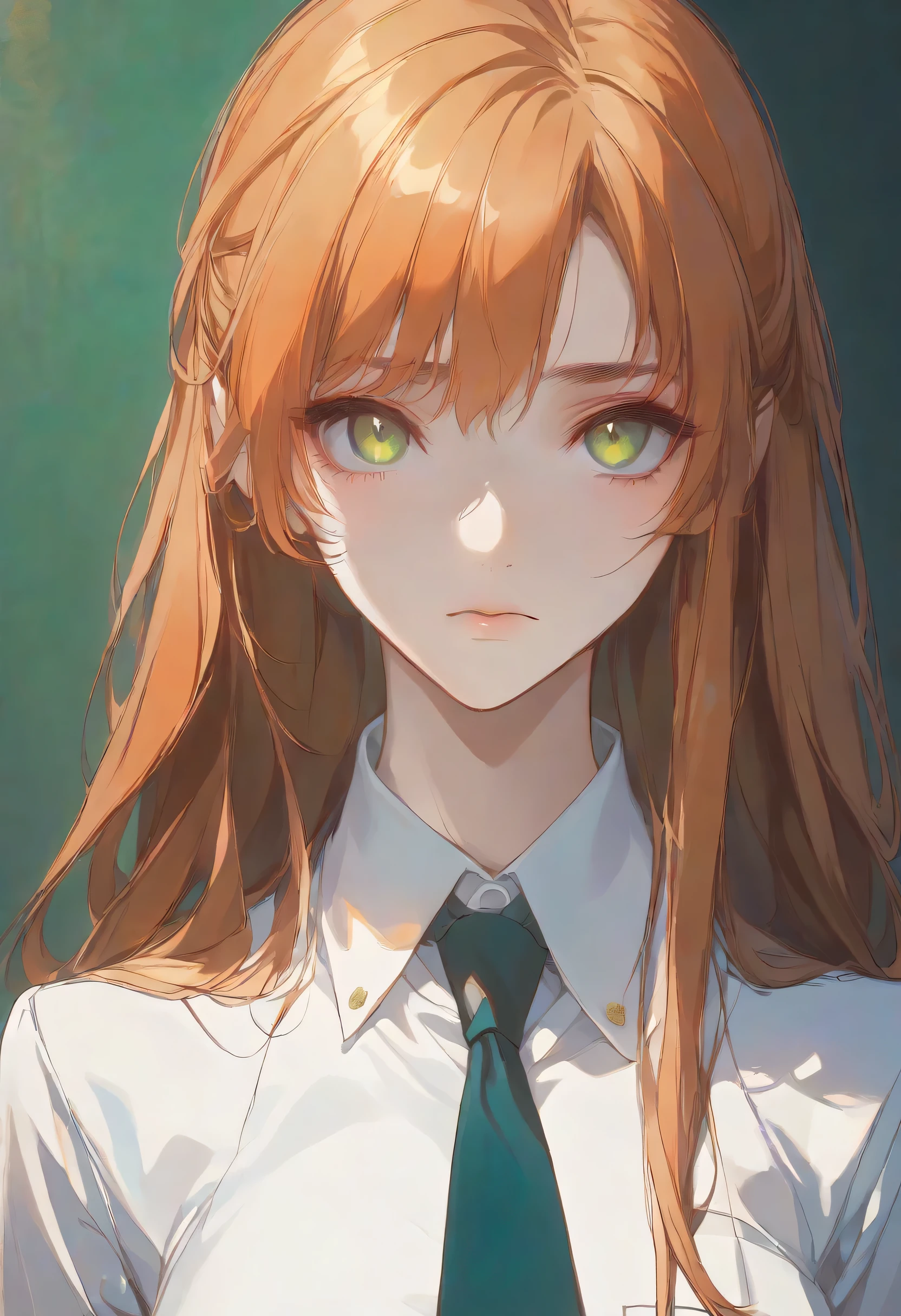 Shirley Fenette, orange hair, green eyes, long hair, school uniform, ashford academy school uniform, necktie,((round face)),Alone,