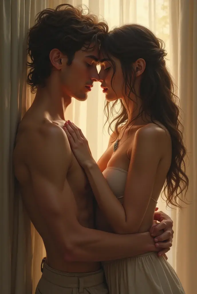 Fantasy threesomes, two young men light brown hair blue eyes, young woman black hair, full body , nude, naked, pussy,penis