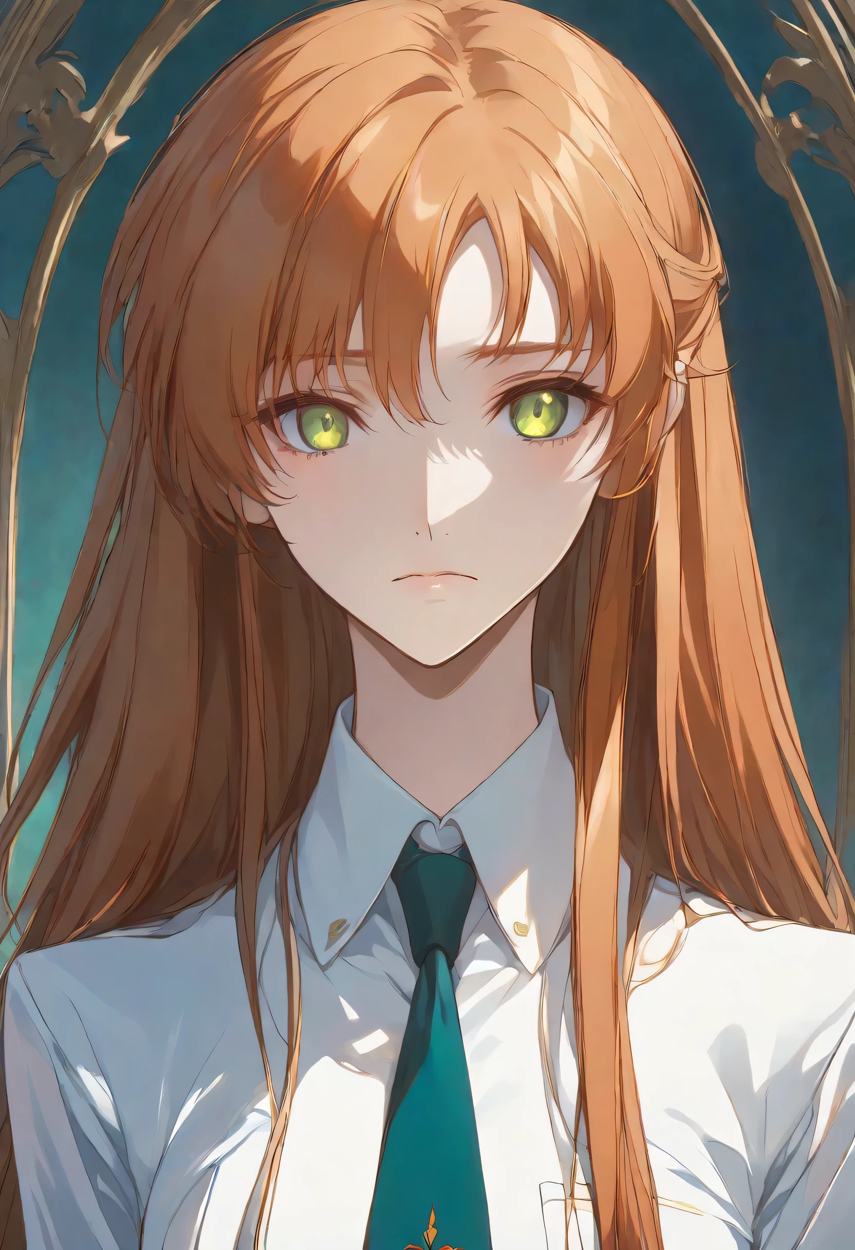 Shirley Fenette, orange hair, green eyes, long hair, school uniform, ashford academy school uniform, necktie,((round face)),Alone,
