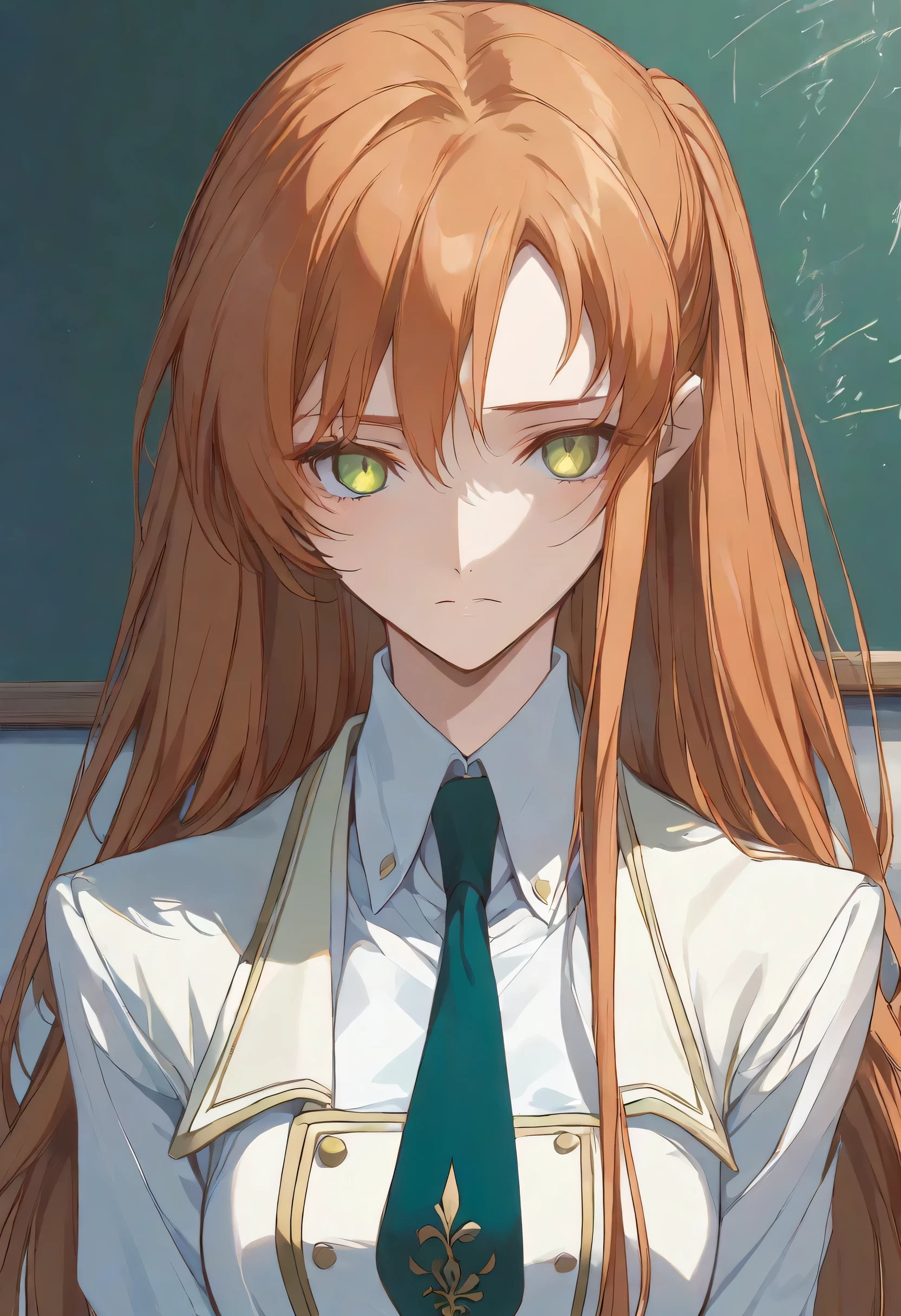 Shirley Fenette, orange hair, green eyes, long hair, school uniform, ashford academy school uniform, necktie,((round face)),Alone,