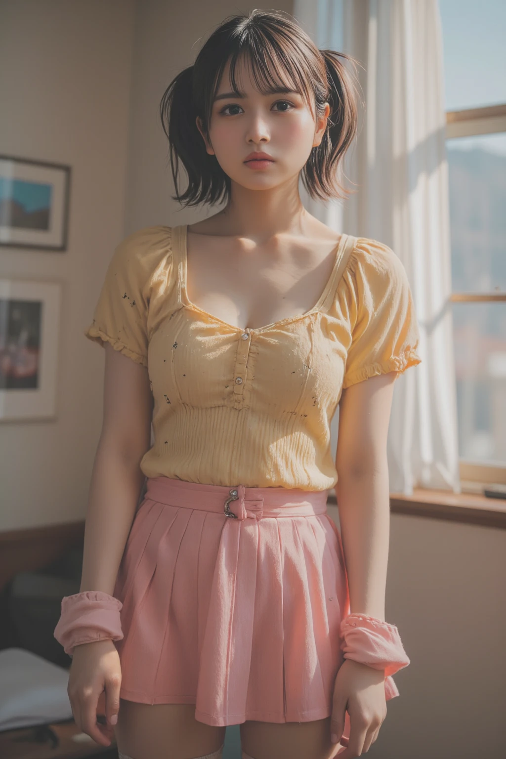 Best Quality, masutepiece, (Photorealistic:2), Ultra High Resolution, Highly detailed, A hyper-realistic, 1girl in, ((Red headphones)), (Longer dress), Floral pattern, colourfull_hair、(((very_Short_hair))), Short hair, Slim body, Full Shot, Looking at Viewer, ((Music Studio)),  Bright atmosphere, spot light, Detailed background