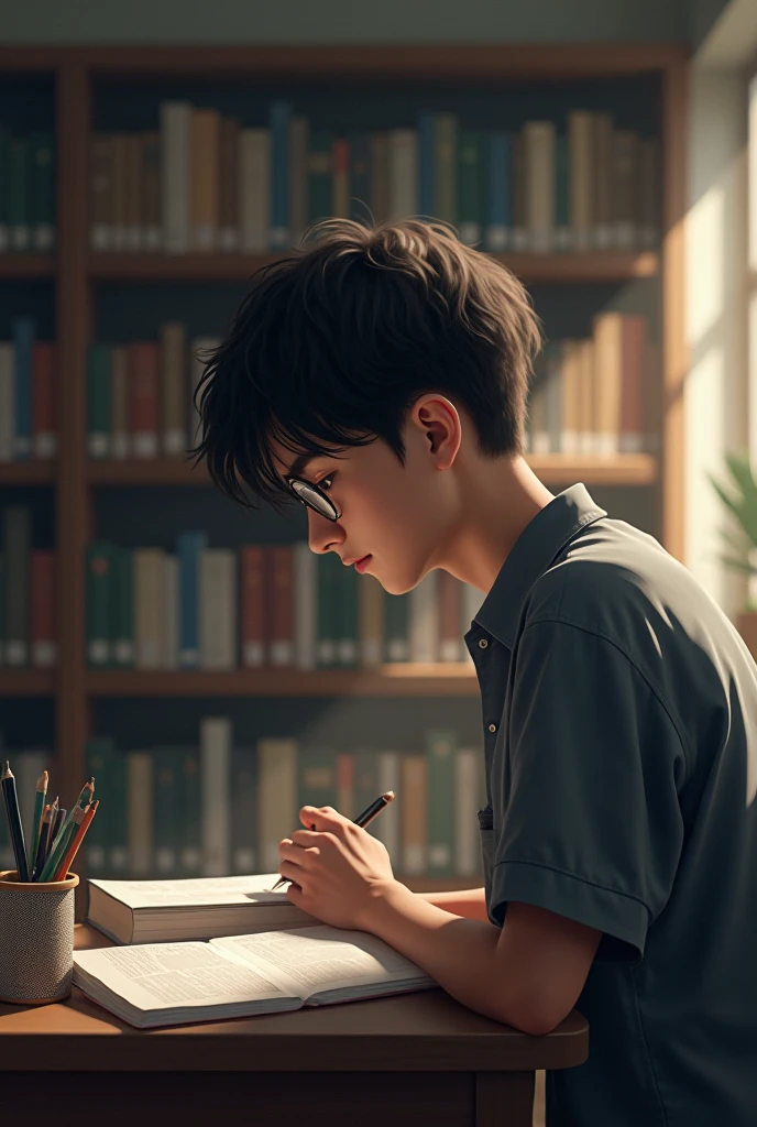 12-year-old glasses-free male doing homework at home