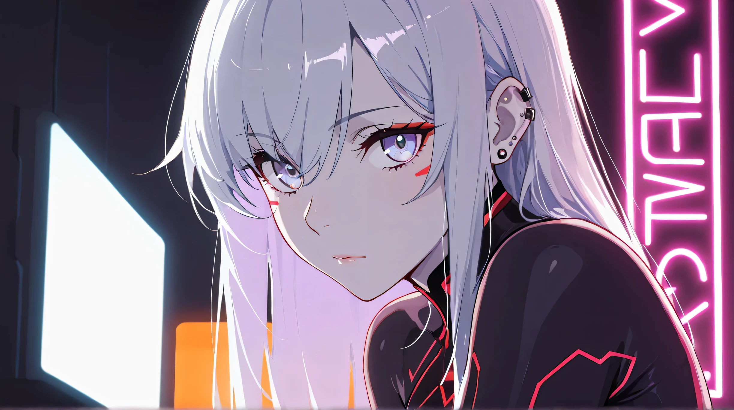 Masterpiece, Best Quality, Top Quality, Very Detailed, 1 girl, A stunning cybernetic woman with short, platinum-white hair and piercing violet eyes. Her face is adorned with sleek, minimalistic cybernetic implants, blending seamlessly with her pale skin. She wears a high-tech, form-fitting black bodysuit with gold and red accents, emphasizing her futuristic aesthetic. The dimly lit room behind her glows with warm orange and purple neon lights, casting dramatic shadows. Her expression is calm yet intense, as if she holds a deep secret. The scene is detailed in a semi-realistic anime style, combining sci-fi and cyberpunk elements with soft lighting and cinematic composition.
