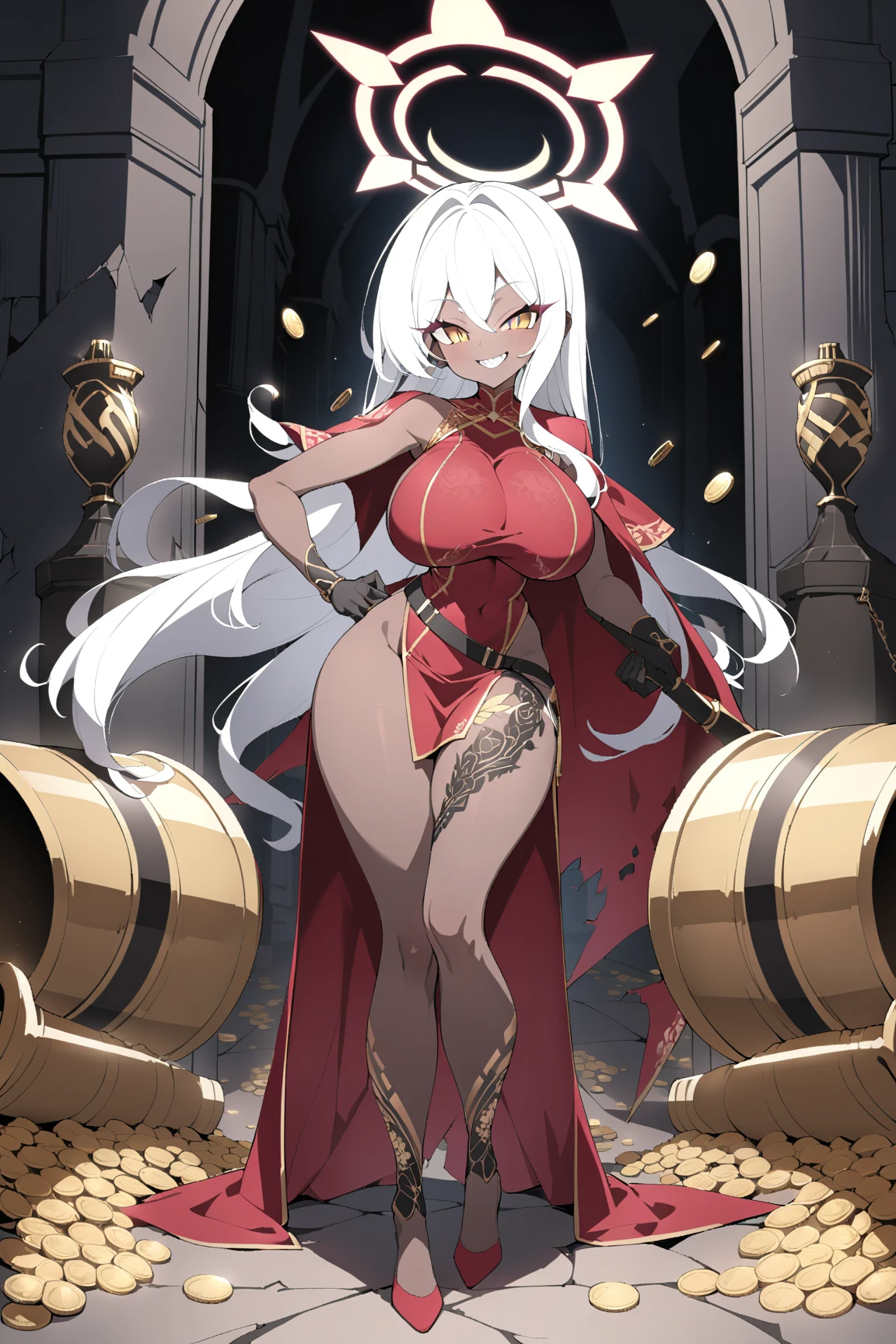 female, silver long hair, red eyes, tan skin, (((1girl))), (((red long robe with black accents))), (gold jewelry), (black heeled sandals), (black skirt), cute and sexy, large breasts, large butt, full body, long legs, smiling, cleavage, shoulders exposed
