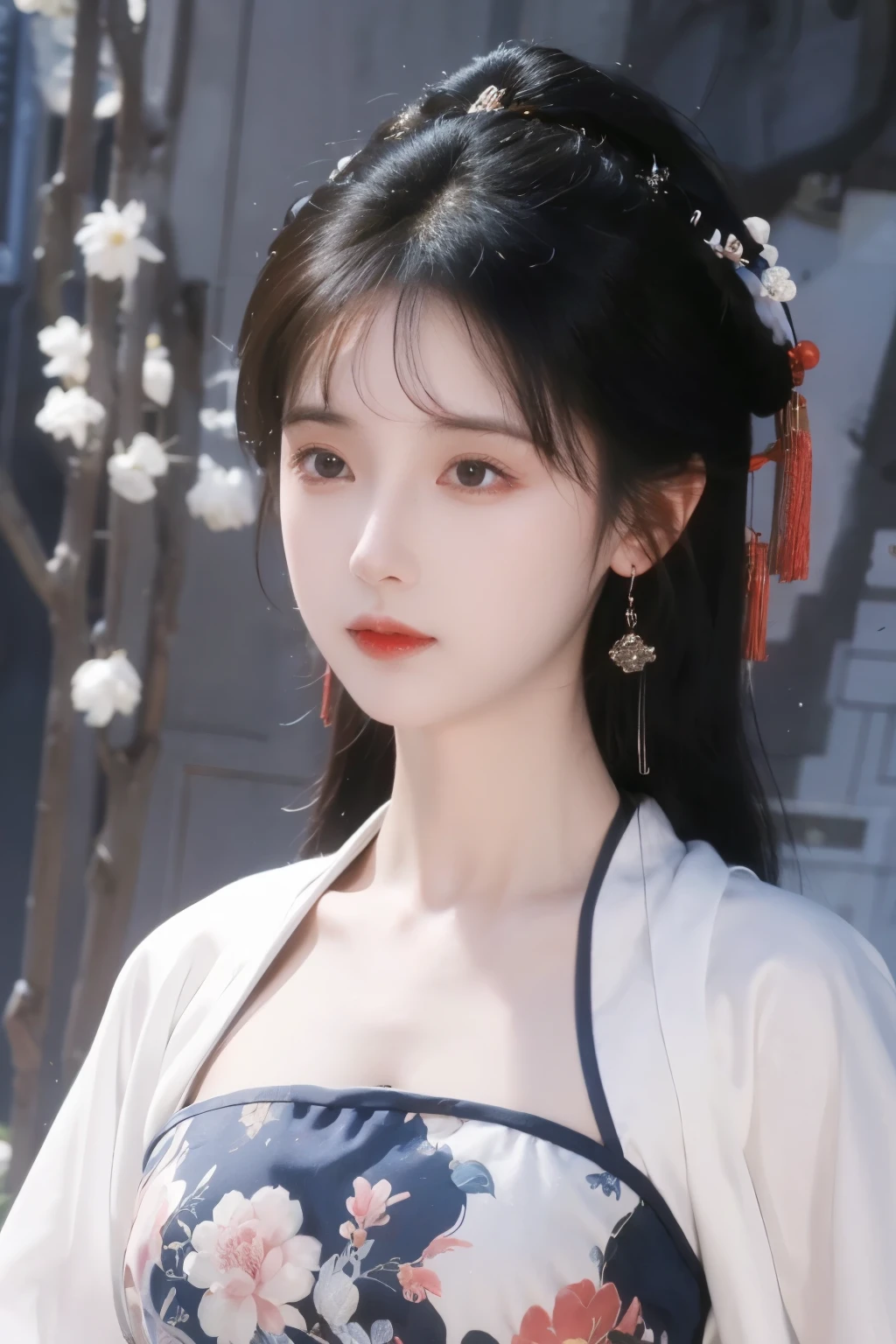 ( masterpiece, Top Quality, best quality, official art, beautiful and aesthetic:1.2), (1 Girl:1.3), flat chest, extremely detailed,(Fractal Art:1.1),(Flowers:1.3),Highest Detail,(dynamic pose), (background:1.3), (Traditional Chinese blue and white clothing:1.2), (Glossy Skin), ( many colors :1.4), ,(earrings:1.1),