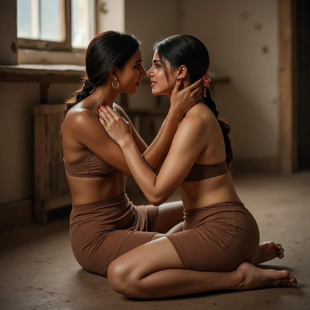 only one girl, Indian wife from behind, showing her vagina, asshole, no clothes, naked, doggy style, wife bends over, crouches on hands and knees, ponytail hair