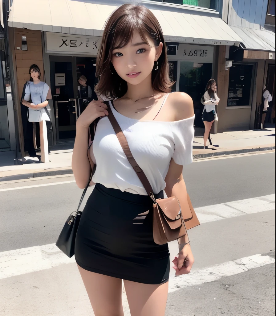 (BEST QUALITY:1.2), RAW photo, high resolution, Perfect Details, professional photo, professional lighting, sharp concentration , Highlighted look {x} Of an accentuated look {x} with an accentuated face {x} a very beautiful pretty girl, Japanese girls, her face and eyes are beautifully and exquisitely drawn, Detailed Double Eyelids , Bored Eyes, brown hair, with bangs, smile, (Big Breasts), white t-shirts, tight pants , (crossbody shoulder bag:1.6), (The bag string crosses the chest diagonally:1.6、Diagonal :1.6、Paisura:1.6), ( full body shot :1.3)、 shiny skin、almond eye、(perfect anatomy、 charming)