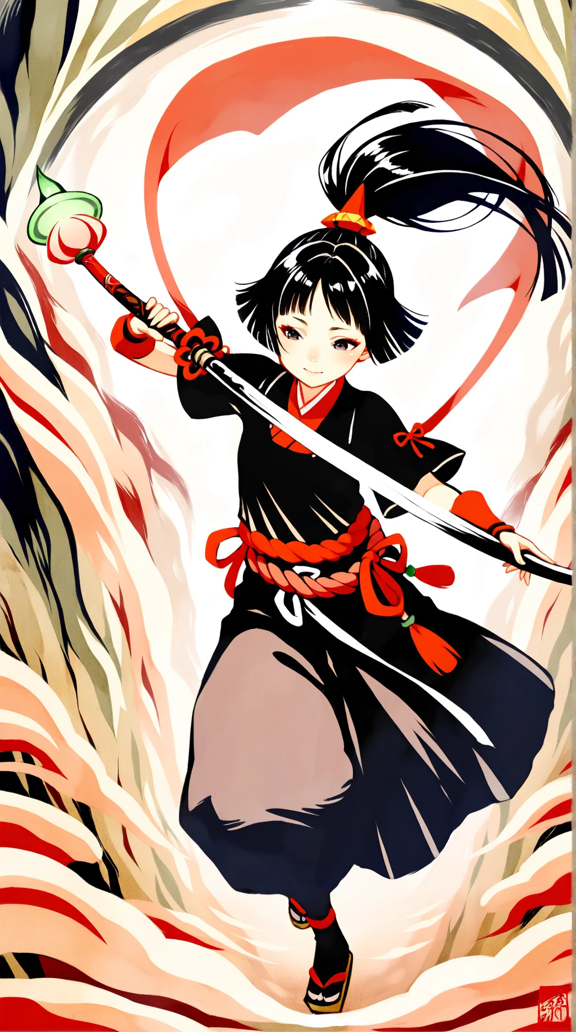 ((best quality)),( super high resolution ),(very well detailed),(Detailed Explanation),(( best CG )),(masterpiece),super detailed art,amazing painting art,(Japanese-style fantasy art with delicate details:1.5), female, beautiful and well-groomed face, witch costume, armor, shimenawa belt, Crimson Sprout, White honeycomb, glossy black hair, Naginata, Wind Blade, mysterious, Solemn,