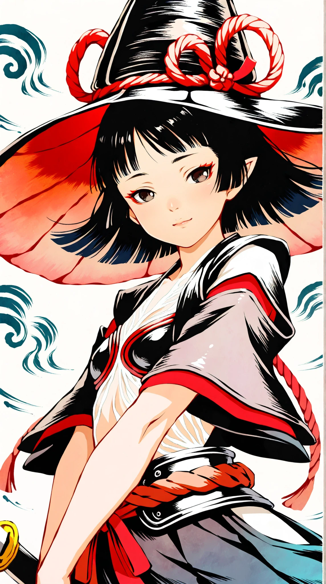 ((best quality)),( super high resolution ),(very well detailed),(Detailed Explanation),(( best CG )),(masterpiece),super detailed art,amazing painting art,(Japanese-style fantasy art with delicate details:1.5), female, beautiful and well-groomed face, witch costume, armor, shimenawa belt, Crimson Sprout, White honeycomb, glossy black hair, Naginata, Wind Blade, mysterious, Solemn,
